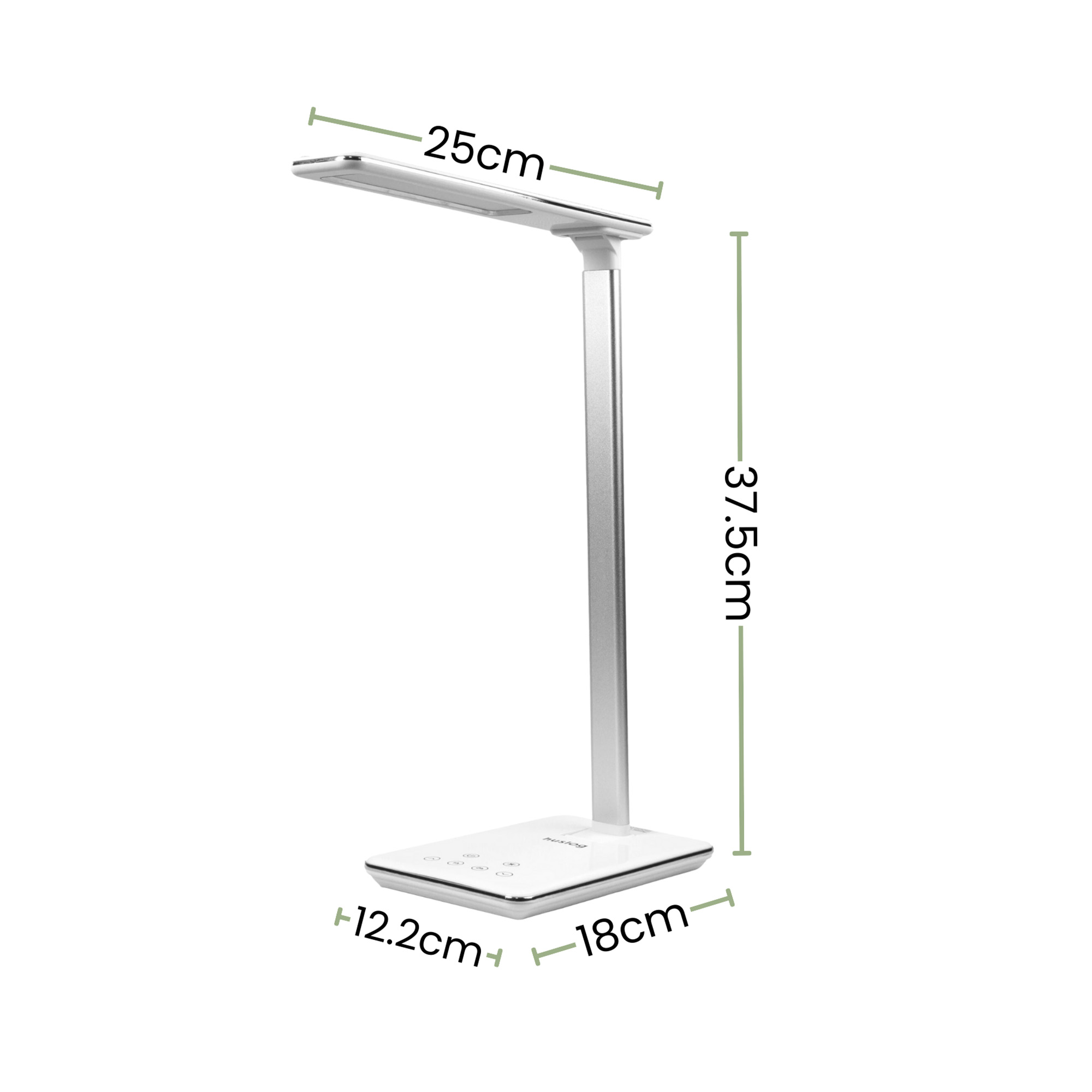 Biała lampka biurkowa LED z srebrnym ramieniem, wymiary 25x18x37,5cm.