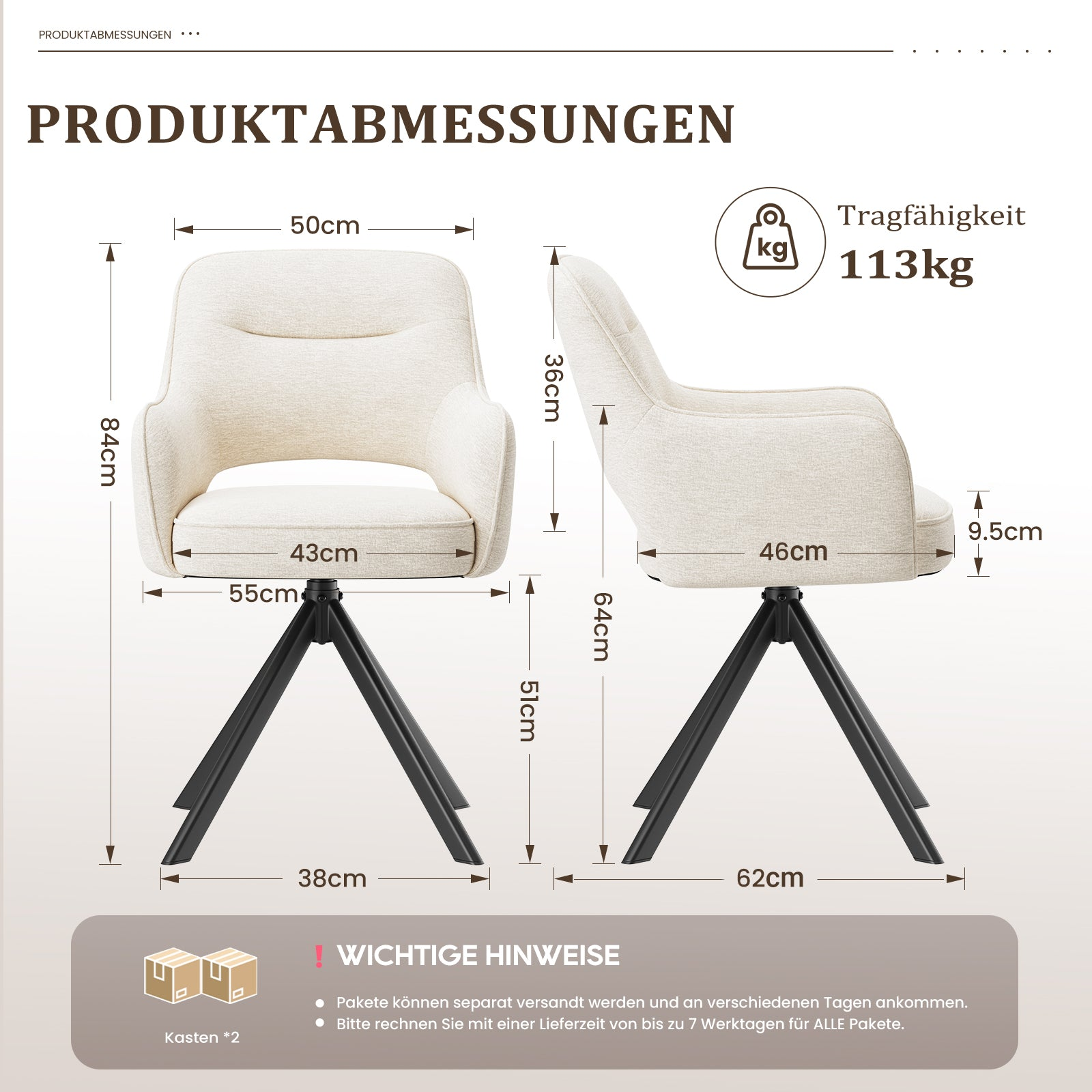 Maße eines cremefarbenen Stuhls mit schwarzen Beinen. Tragfähigkeit 113kg.