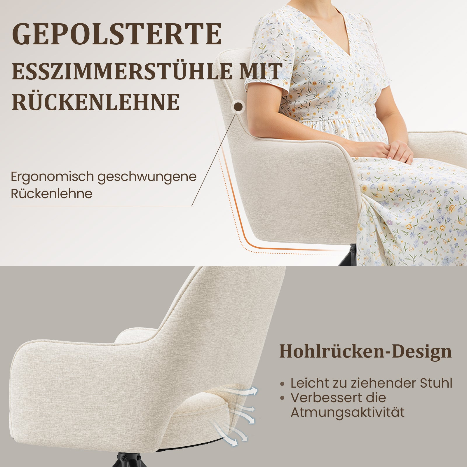Gepolsterter Esszimmerstuhl mit ergonomischer, geschwungener Rückenlehne und Hohlrücken-Design.