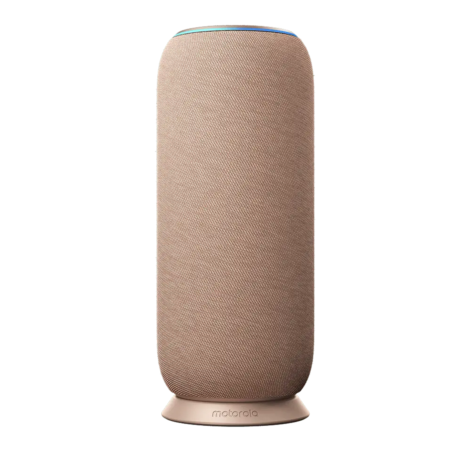 Un altoparlante in tessuto beige con luci LED blu in cima e il logo Motorola.