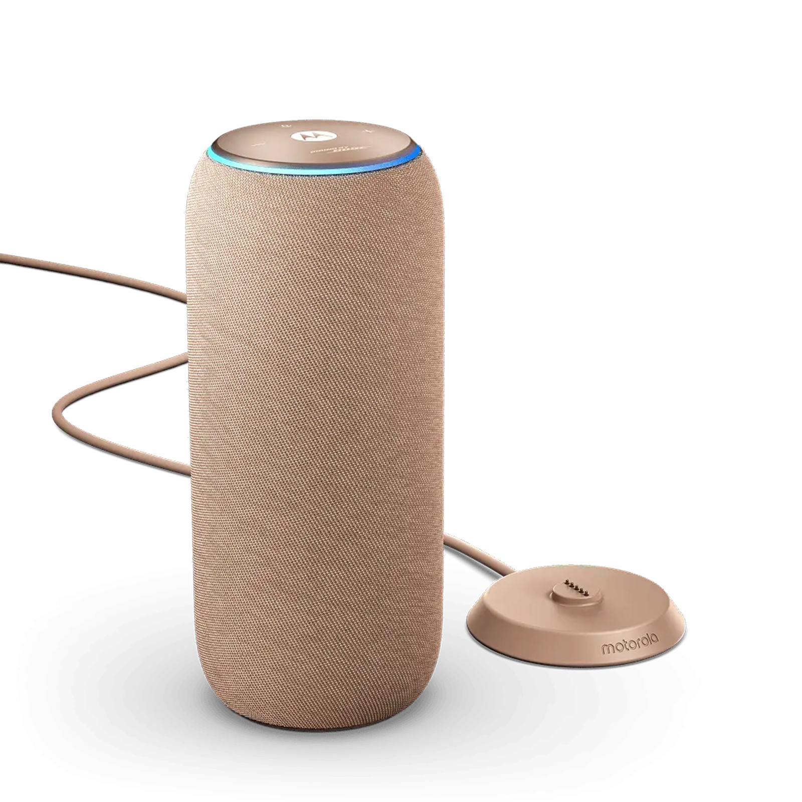 Un altoparlante in tessuto beige con anello luminoso blu e adattatore di ricarica.