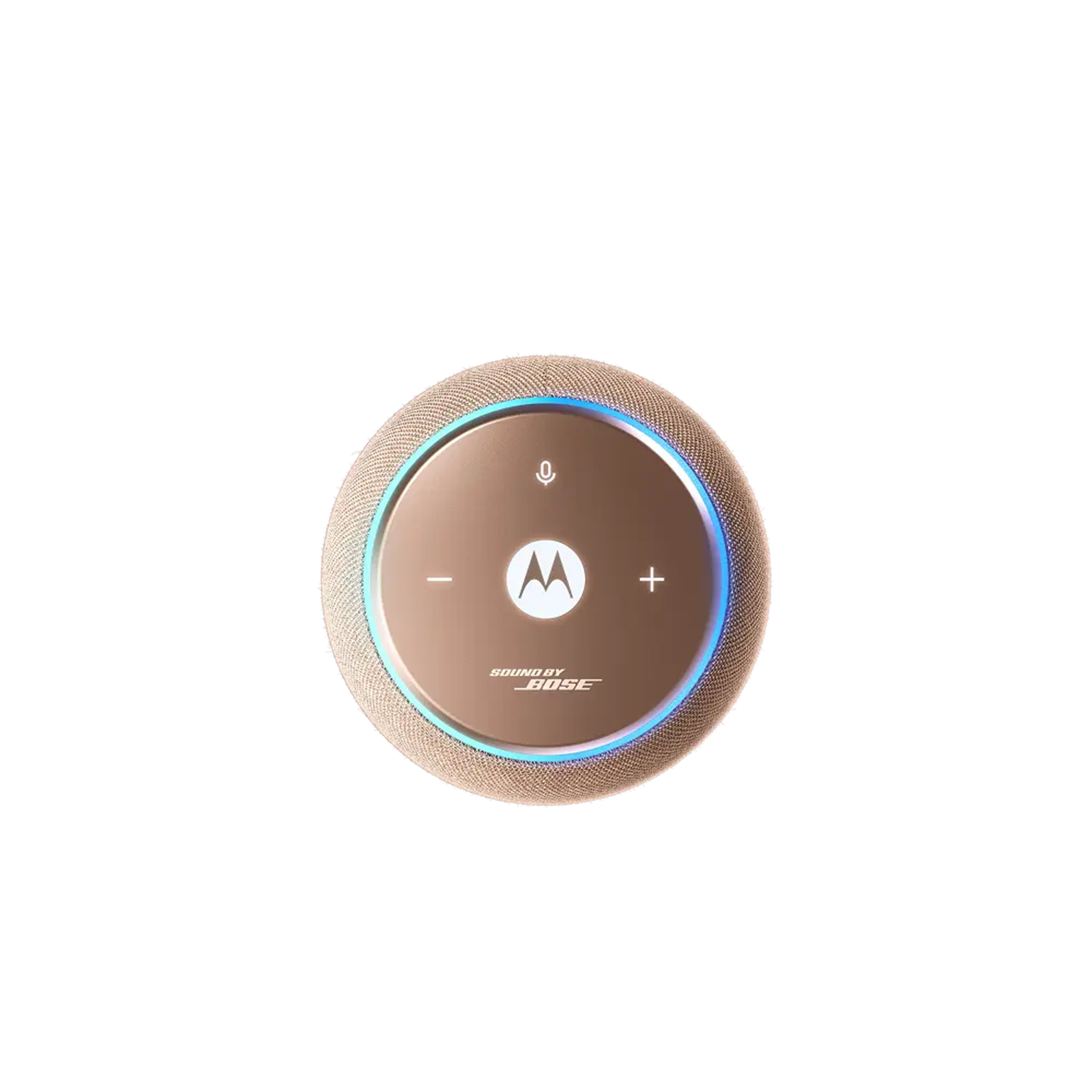Un altoparlante rotondo dorato con illuminazione blu. Mostra i loghi Motorola e Bose.