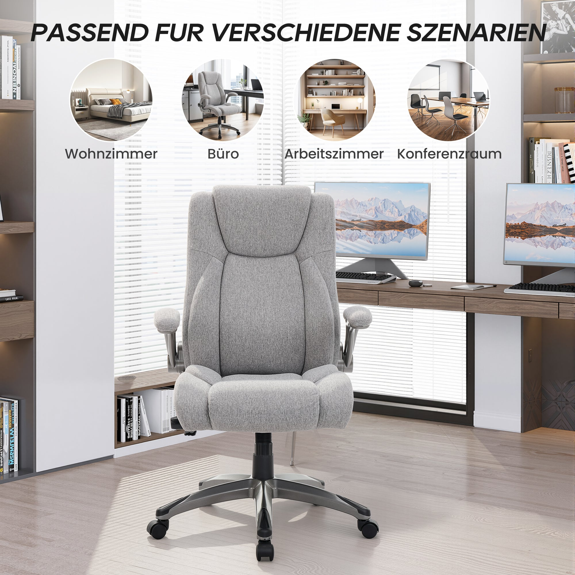 Grauer Bürostuhl vor Fenstern mit Berglandschaft-Monitoren und Regalen.