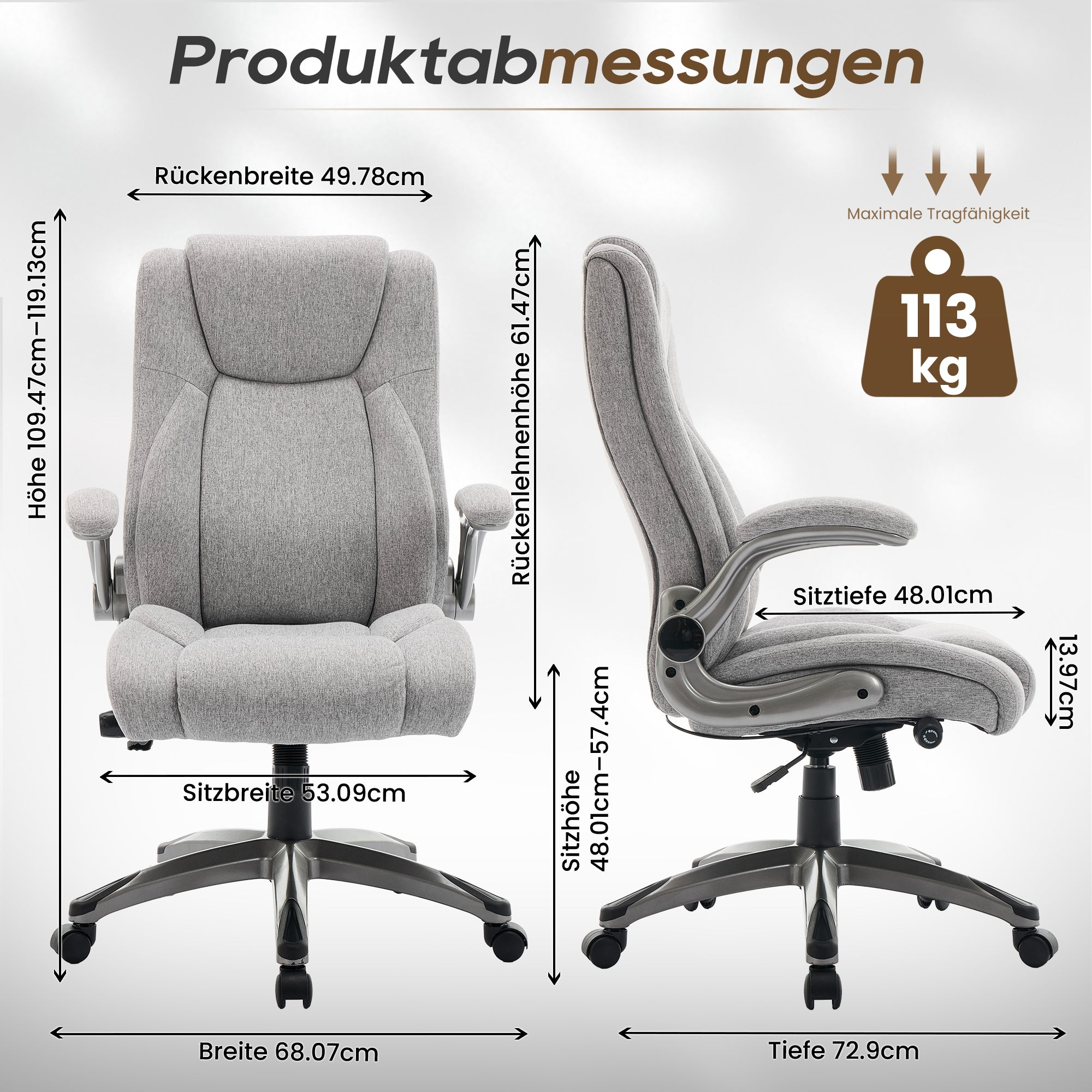 Grauer Bürostuhl mit Maßen: Rückenbreite 49.78cm, Sitzhöhe 48-57.4cm, Tiefe 72.9cm, Breite 68.07cm, Tragfähigkeit 113kg.