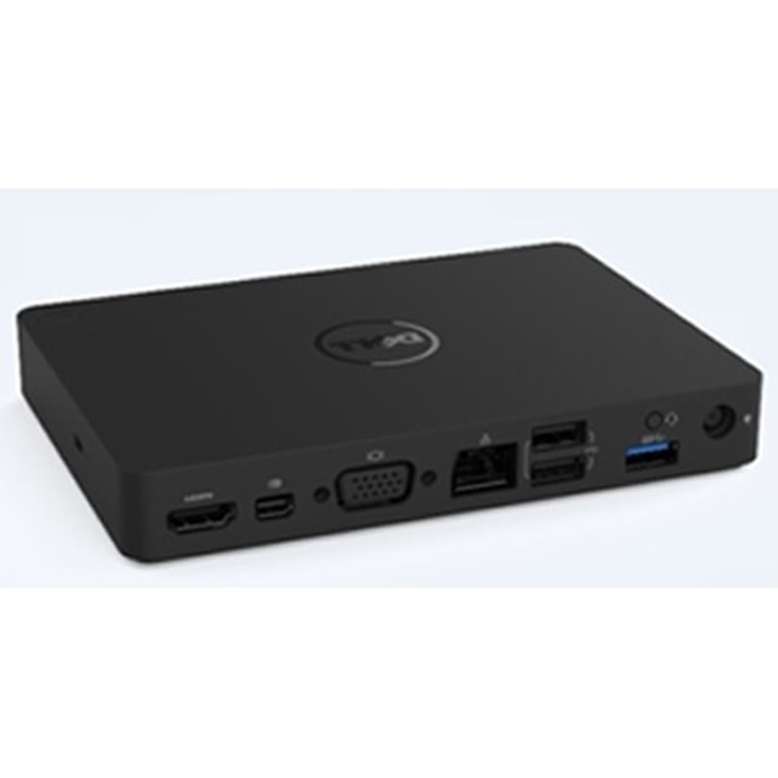 Schwarzer Dell Mini-PC mit Anschlüssen: HDMI, USB, VGA, Ethernet.