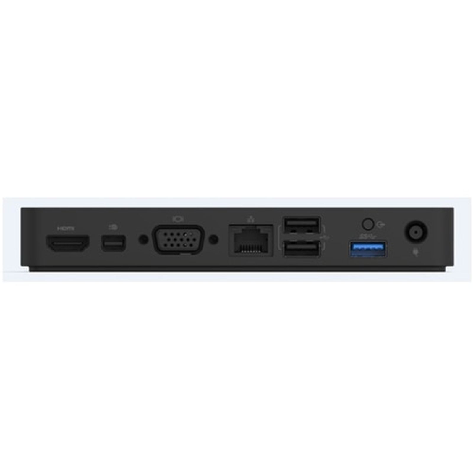 Rückseite eines schwarzen Geräts mit Anschlüssen: HDMI, USB, VGA, Ethernet, USB 3.0, Netzteil.