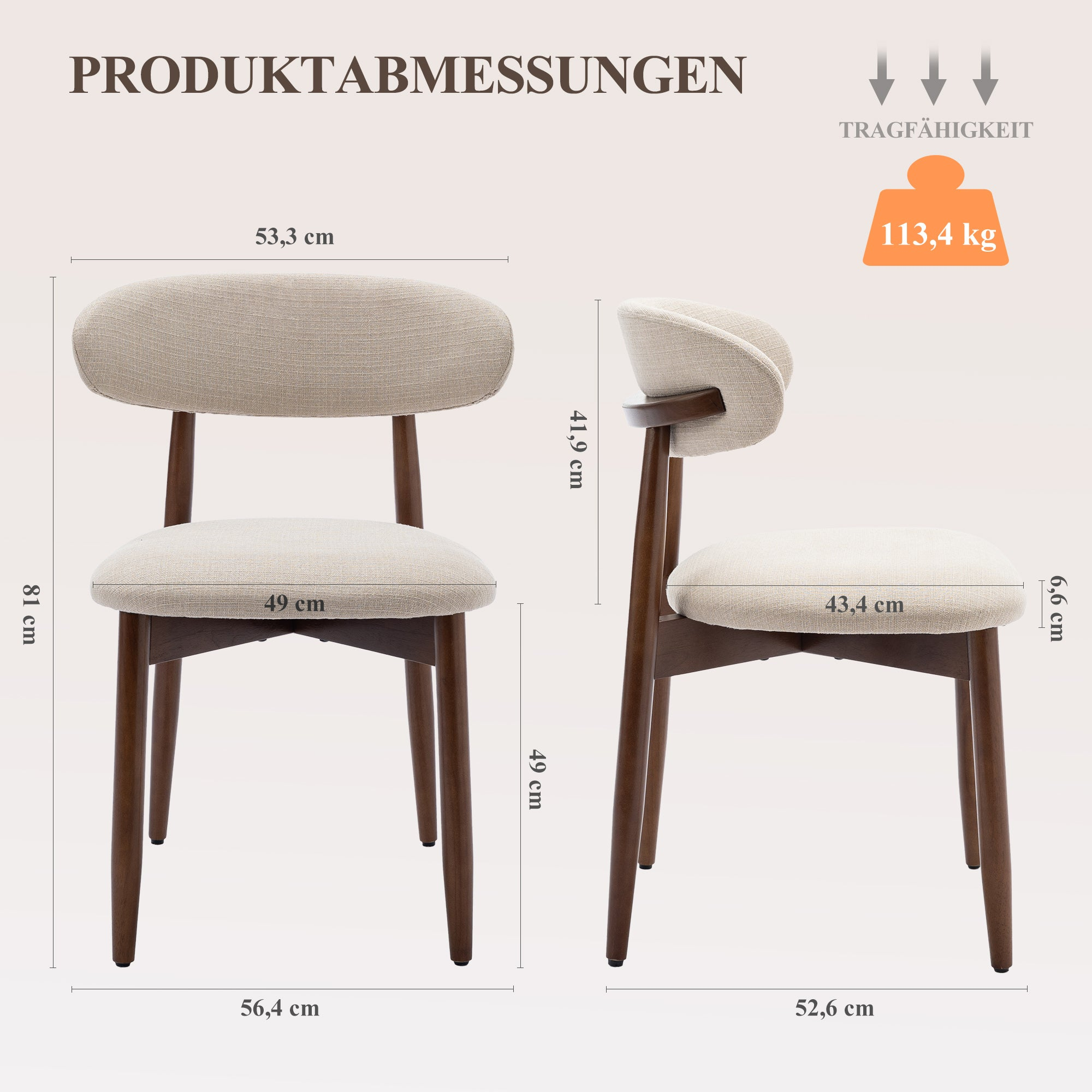 Zwei Ansichten eines Stuhls mit Maßen und einer Tragfähigkeitsanzeige von 113,4 kg.
