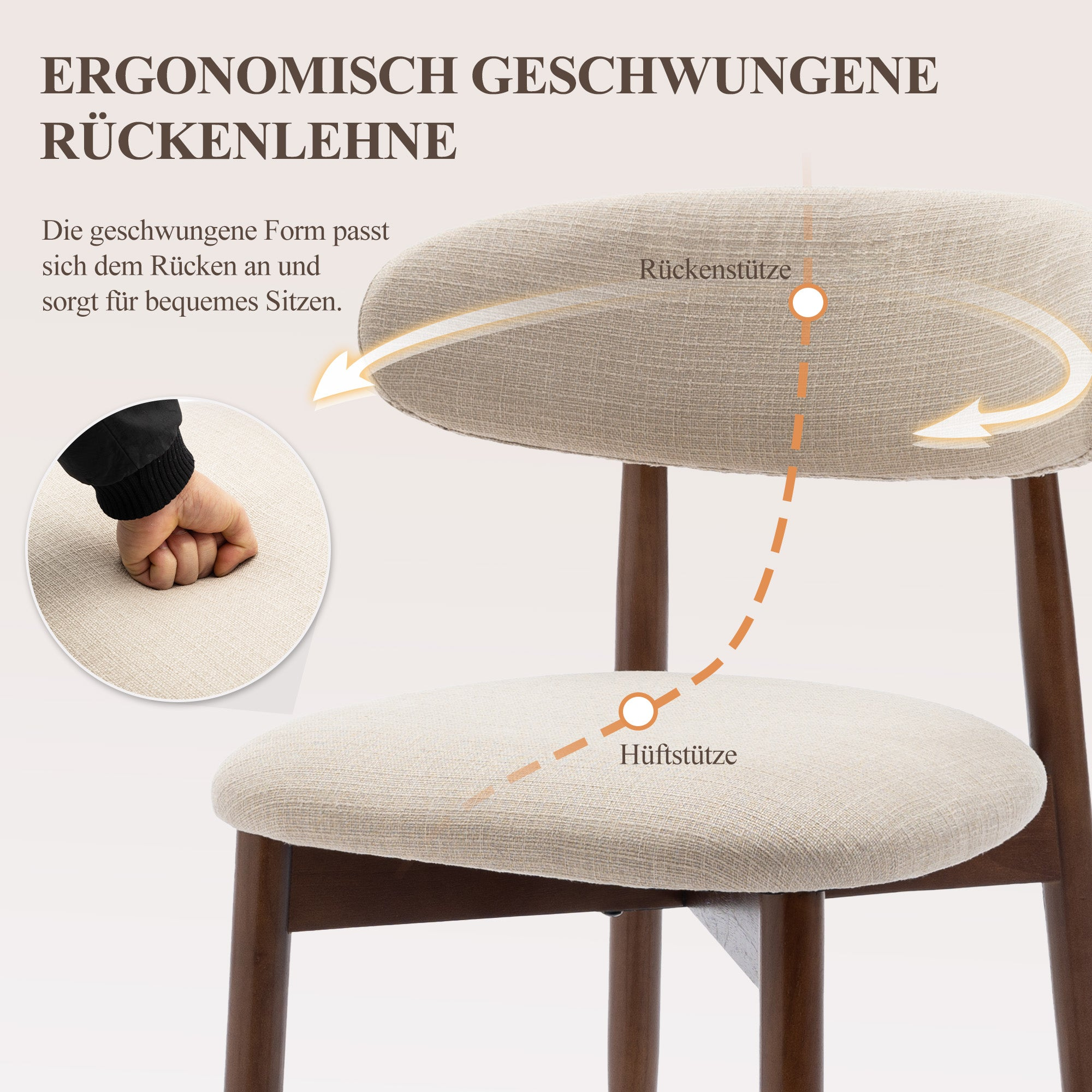 Ergonomische geschwungene Rückenlehne und Sitzfläche mit Stützen für Rücken und Hüfte.