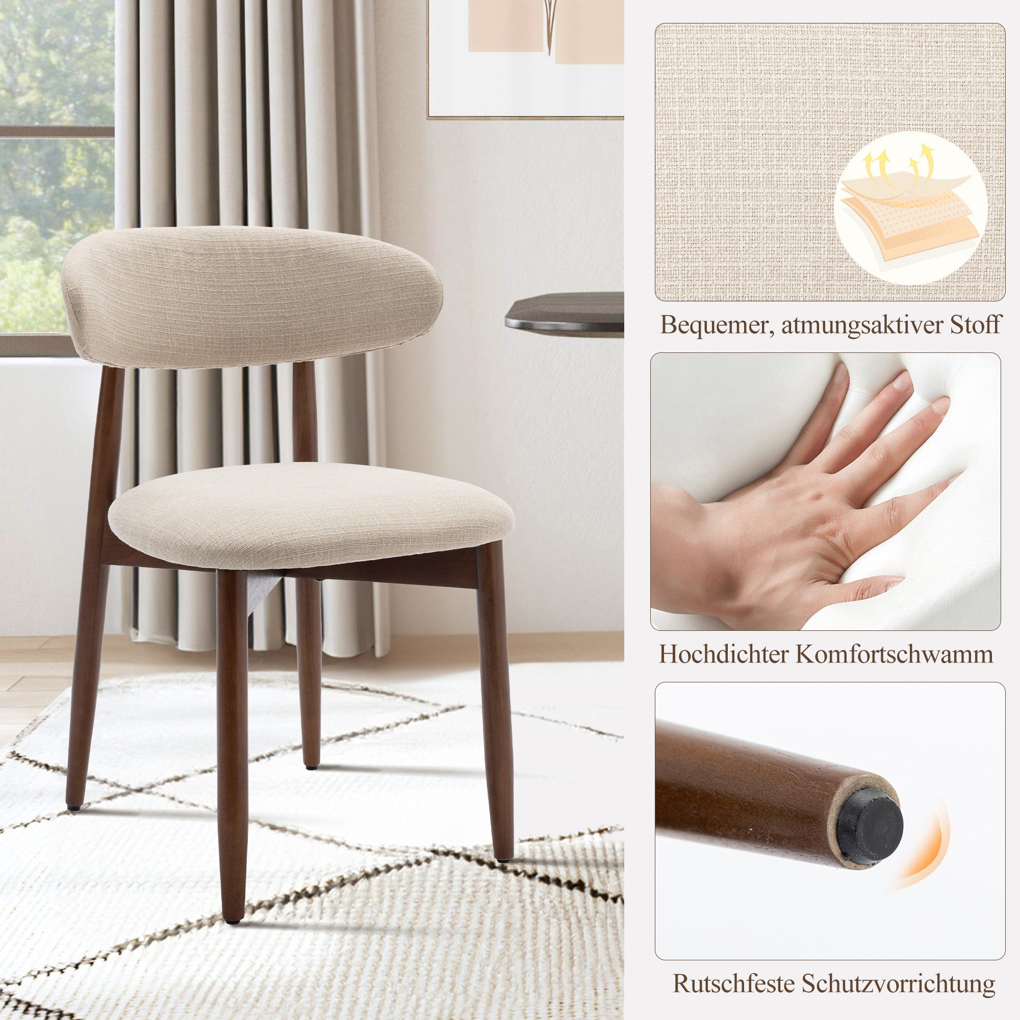 Ein beiger Stuhl mit Holzbeinen steht auf einem Teppich. Daneben sind Details des Stuhls.