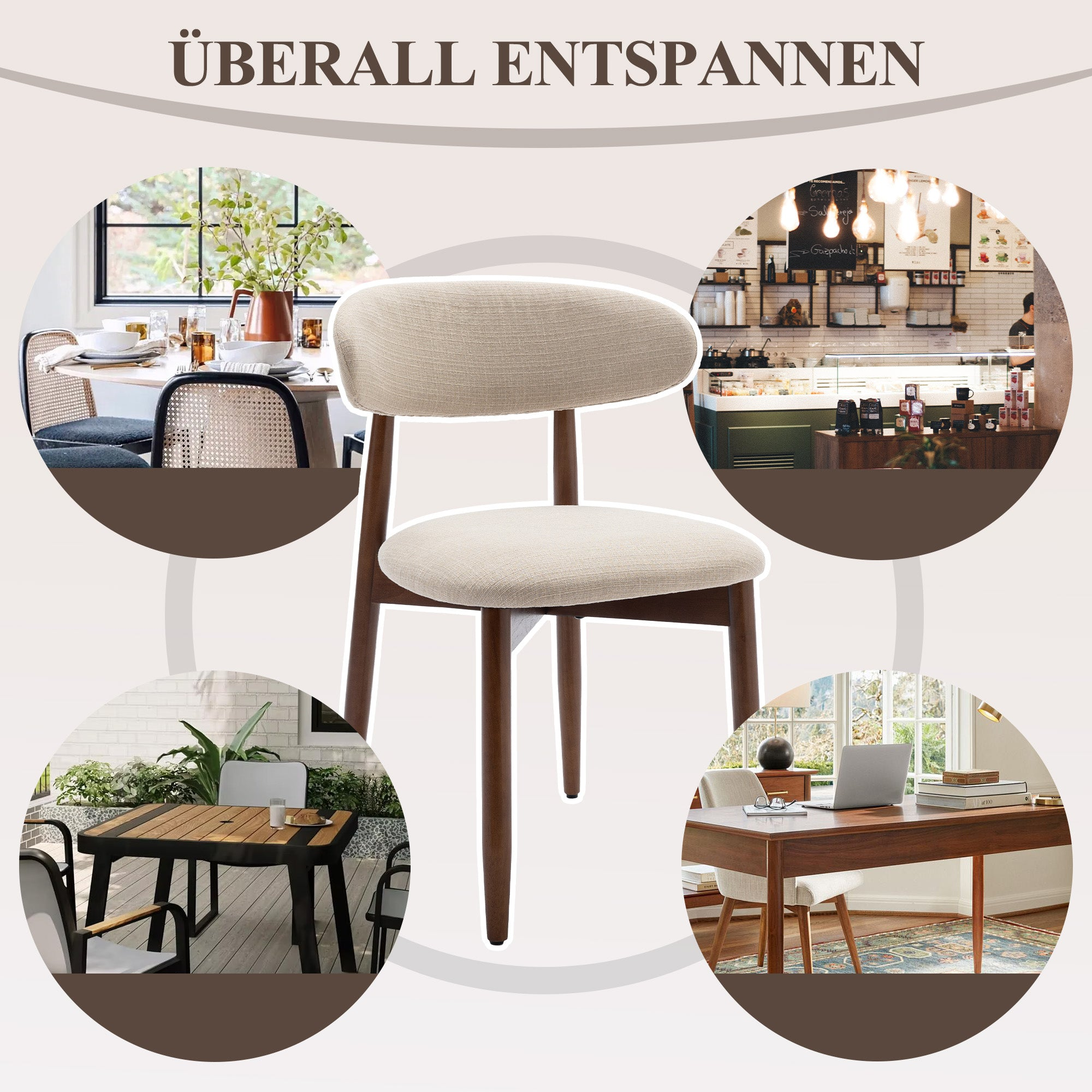 Ein beigefarbener Stuhl mit Holzbeinen, umgeben von vier runden Bildern: Esstisch, Café, Gartentisch und Schreibtisch.