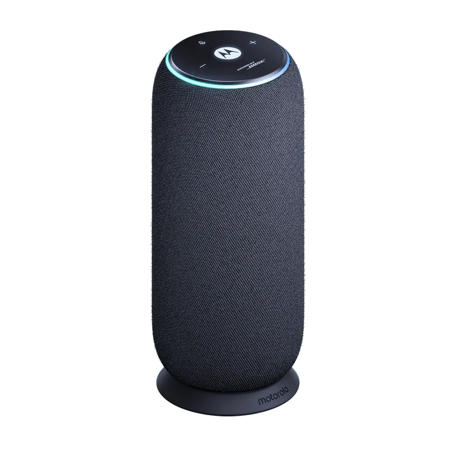 Un altoparlante scuro e cilindrico con anello blu luminoso e logo Motorola.