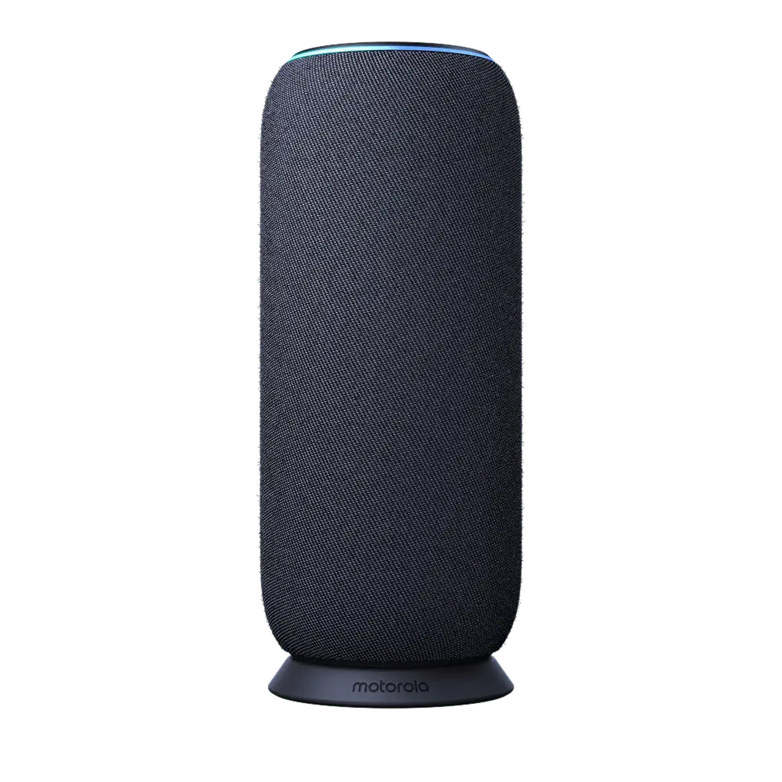 Altoparlante cilindrico scuro con anello luminoso blu in alto e logo Motorola alla base.