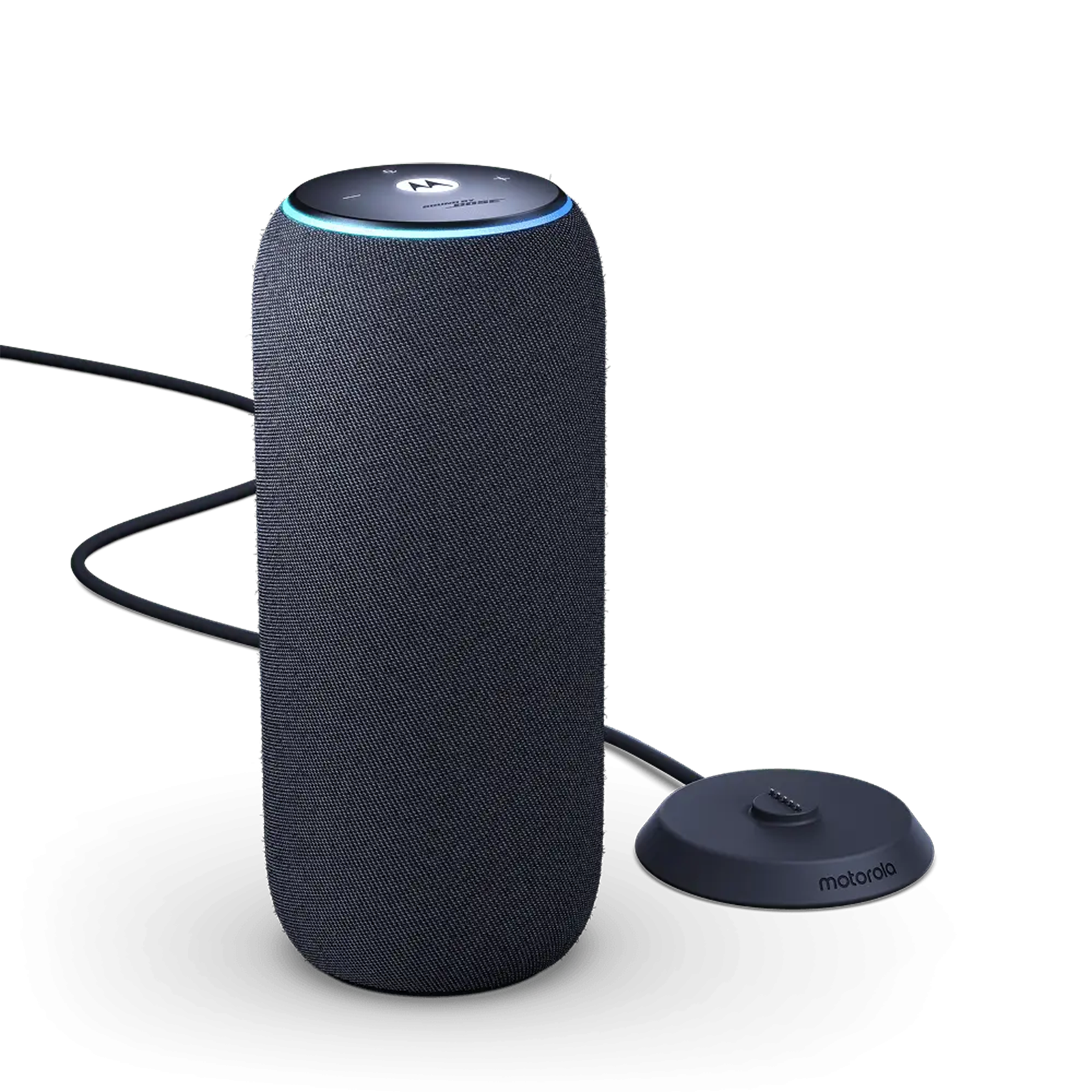 Un altoparlante Motorola grigio con anello luminoso blu e cavo di ricarica.
