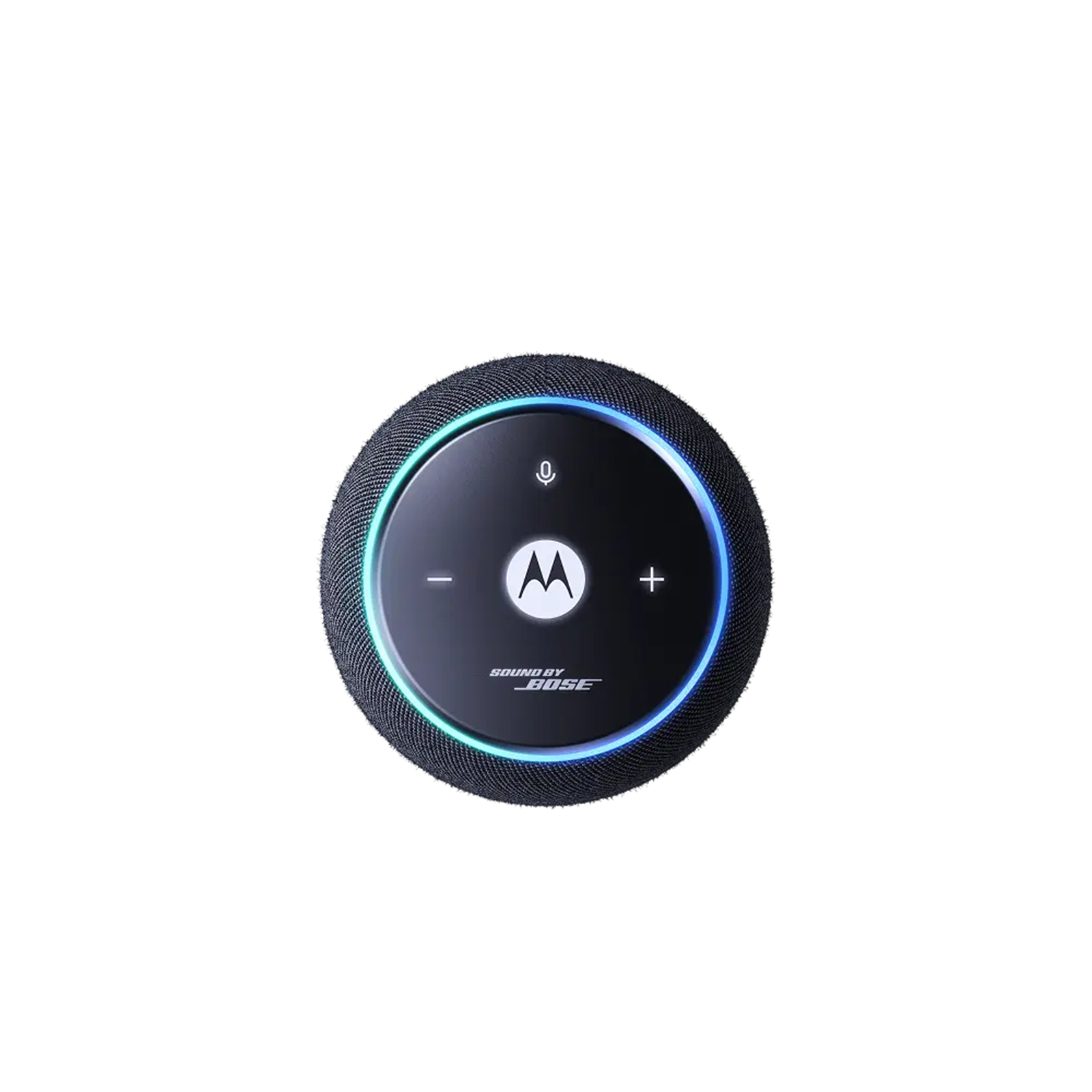 Un altoparlante rotondo e scuro con anello luminoso blu e logo M.