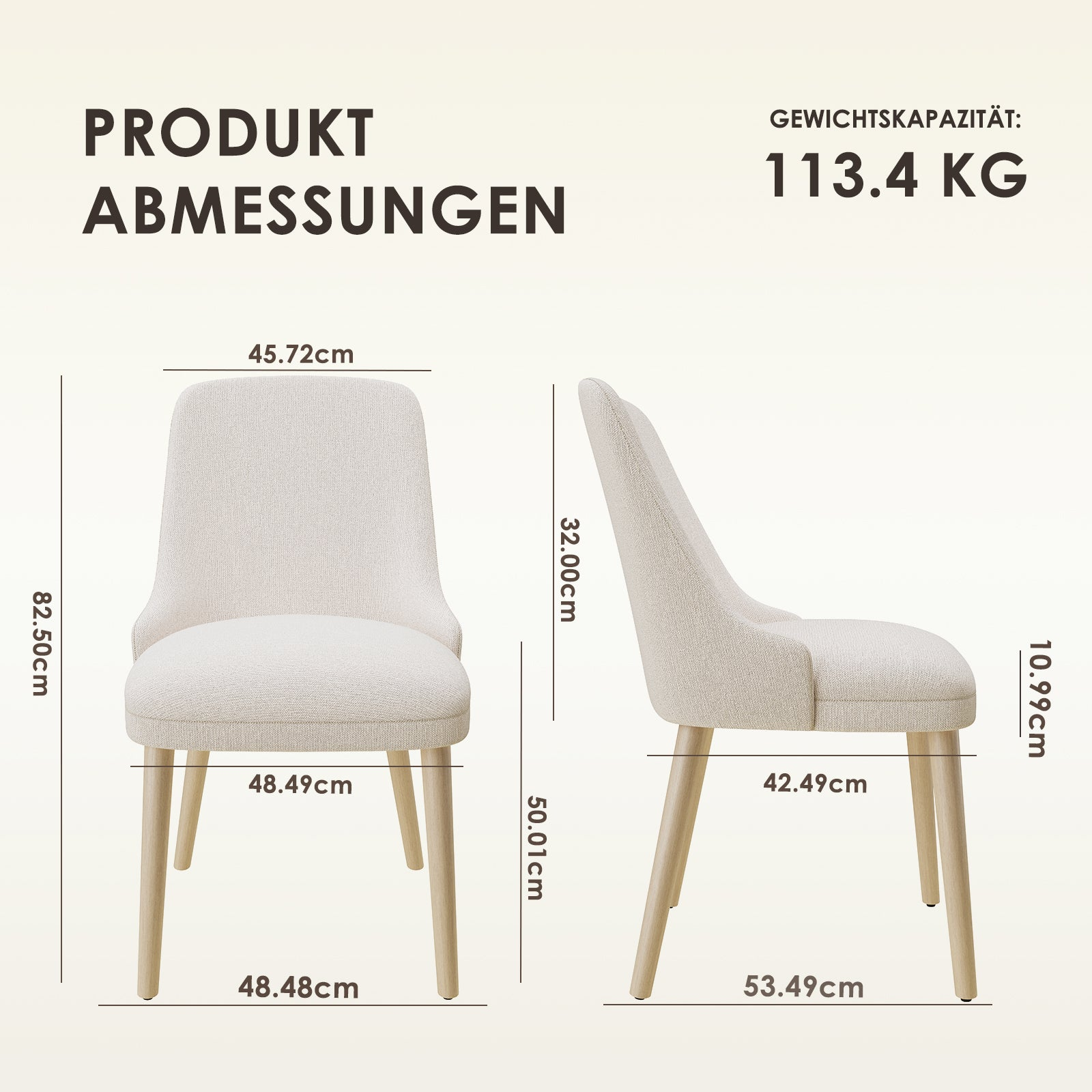 Produktabmessungen eines hellbeigen Stuhls mit Maßen.