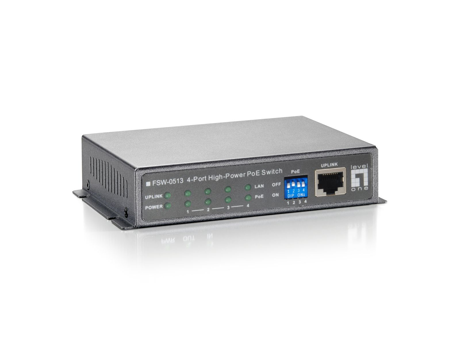 Ein silberner 4-Port PoE-Switch mit Status-LEDs, LAN-Anschluss und DIP-Schaltern.