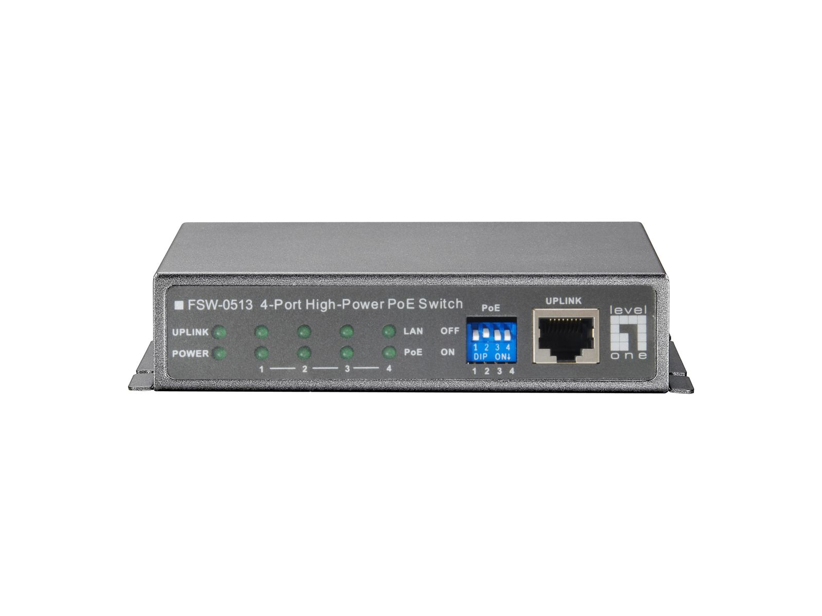 Ein grauer 4-Port PoE-Switch mit LED-Anzeigen, DIP-Schaltern und einem Netzwerkkabelanschluss.