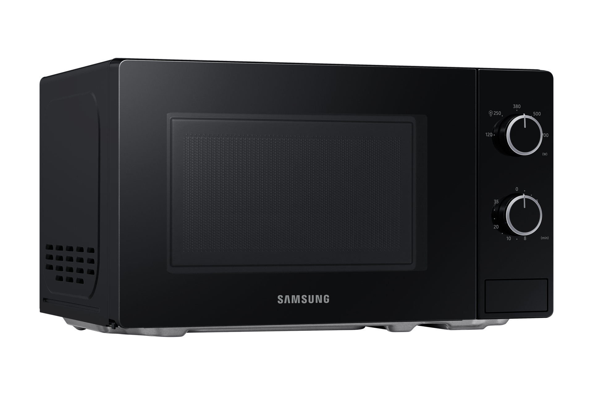 Czarna kuchenka mikrofalowa Samsung z dwoma pokrętłami i cyfrowym wyświetlaczem.
