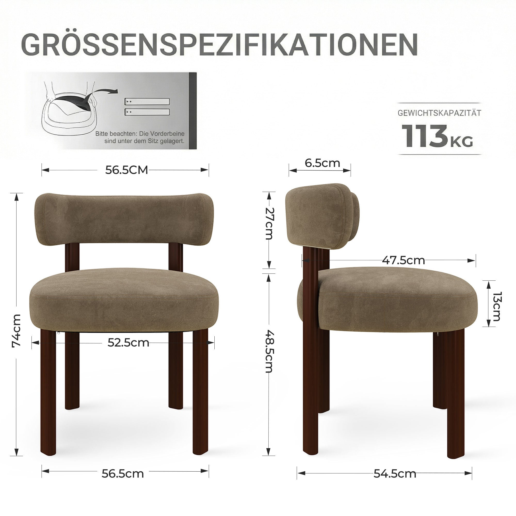 Zwei Ansichten eines braunen Stuhls mit Maßen und Gewichtskapazität von 113 kg.
