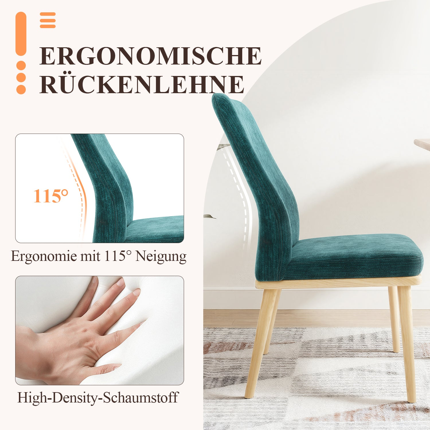 Ein tealfarbener Stuhl mit ergonomischer Rückenlehne und 115° Neigung.