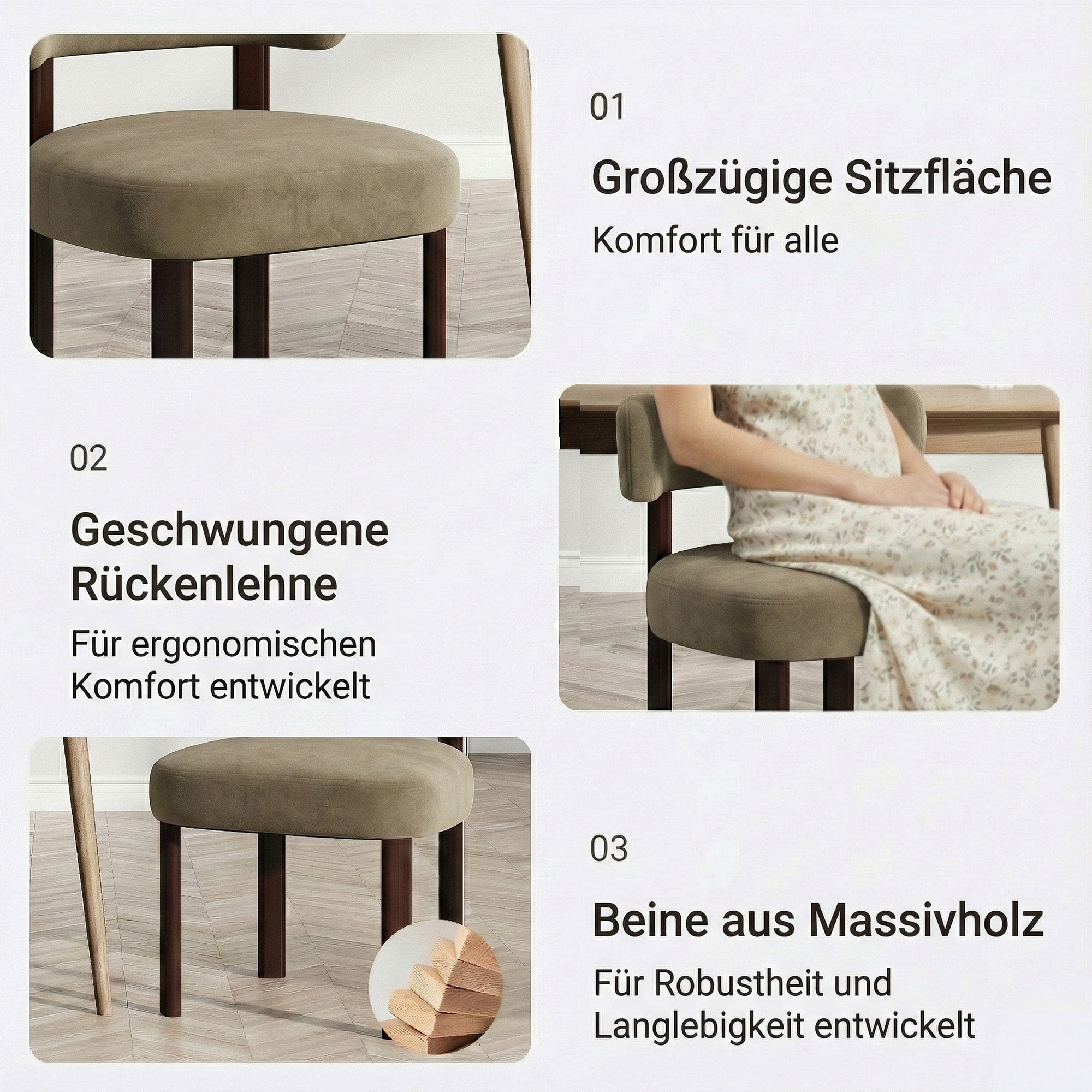 Beigefarbener Stuhl mit breiter Sitzfläche, geschwungener Lehne und Holzbeinen.