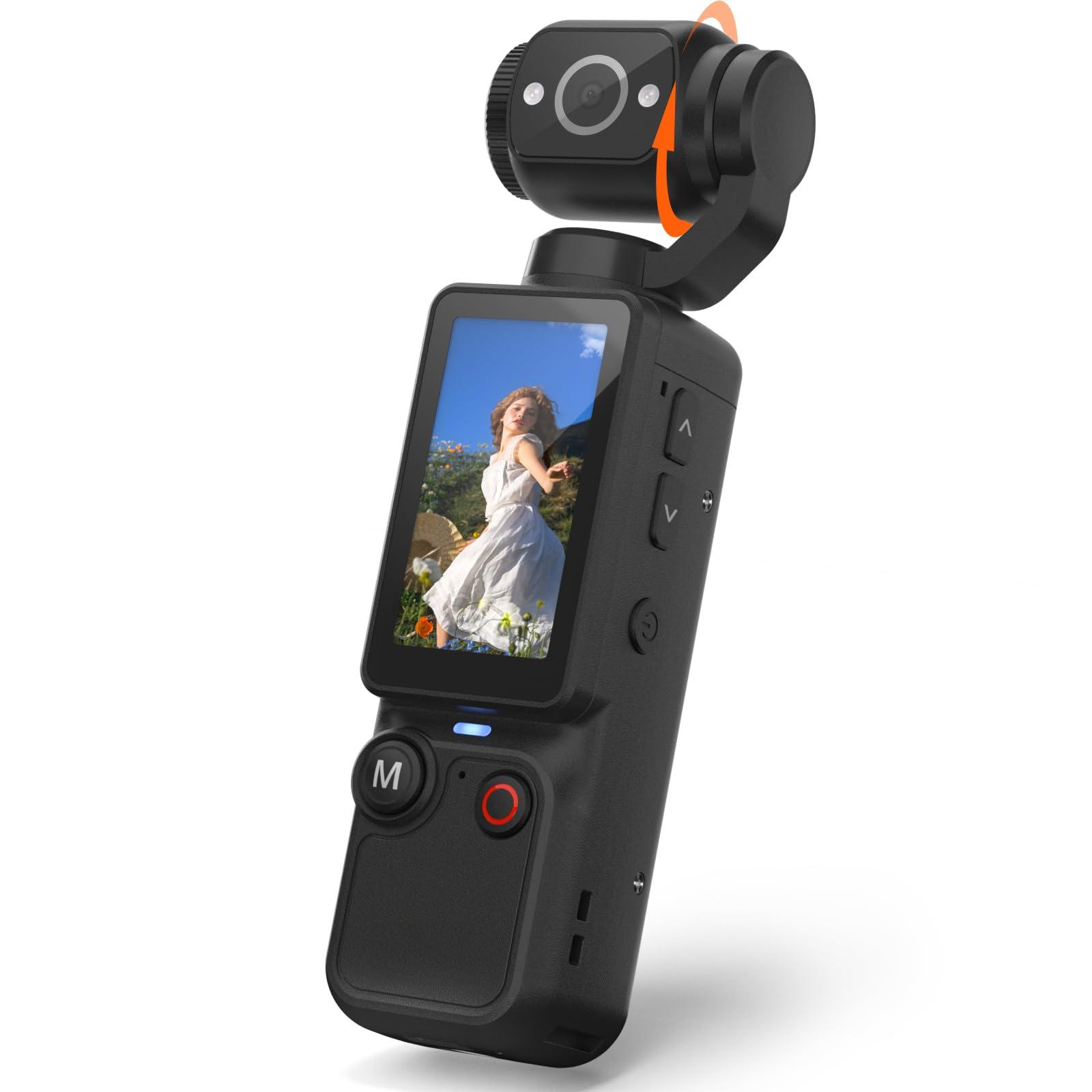 Schwarzer Gimbal mit Bildschirm, der eine Frau in einem weißen Kleid zeigt.