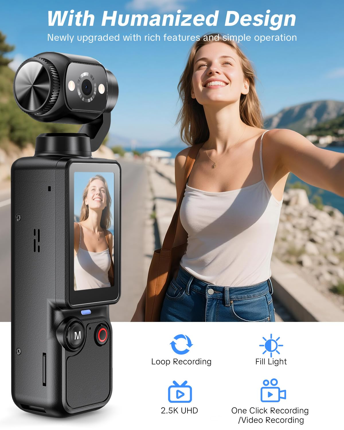 Ein Gimbal mit Kamera und Bildschirm zeigt eine lachende Frau in Jeans und Top.