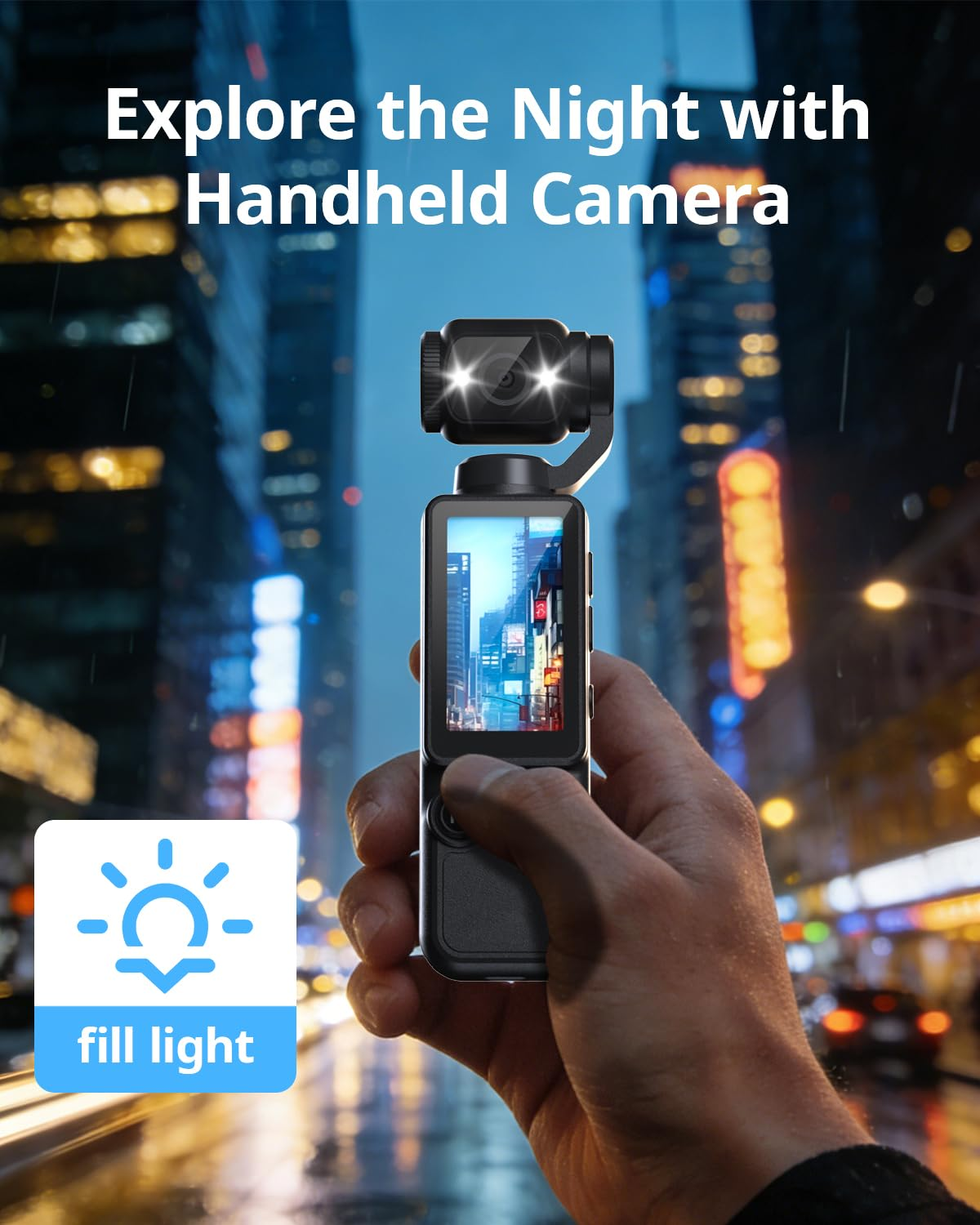 Handheld Kamera mit Gimbal und Licht im nächtlichen Stadtbild.