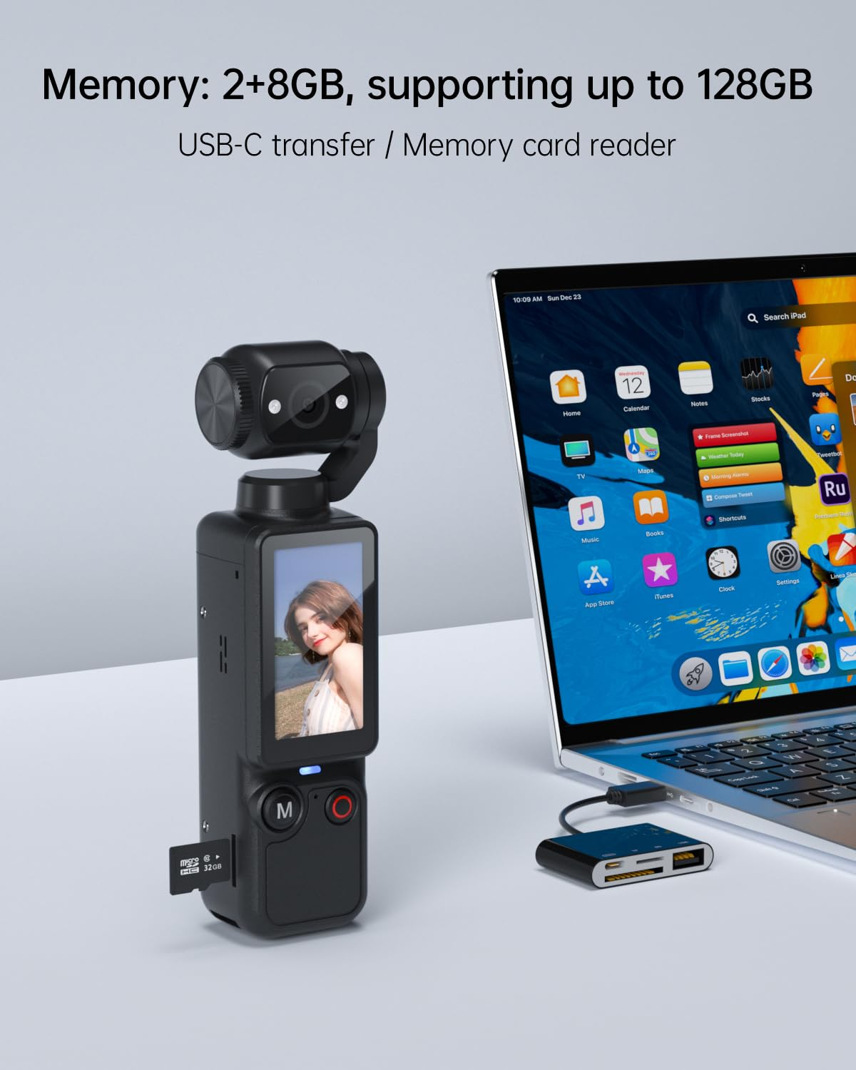 Schwarze Gimbal-Kamera mit Bildschirm, über Kartenleser mit Laptop verbunden. Text: Speicher bis 128 GB.
