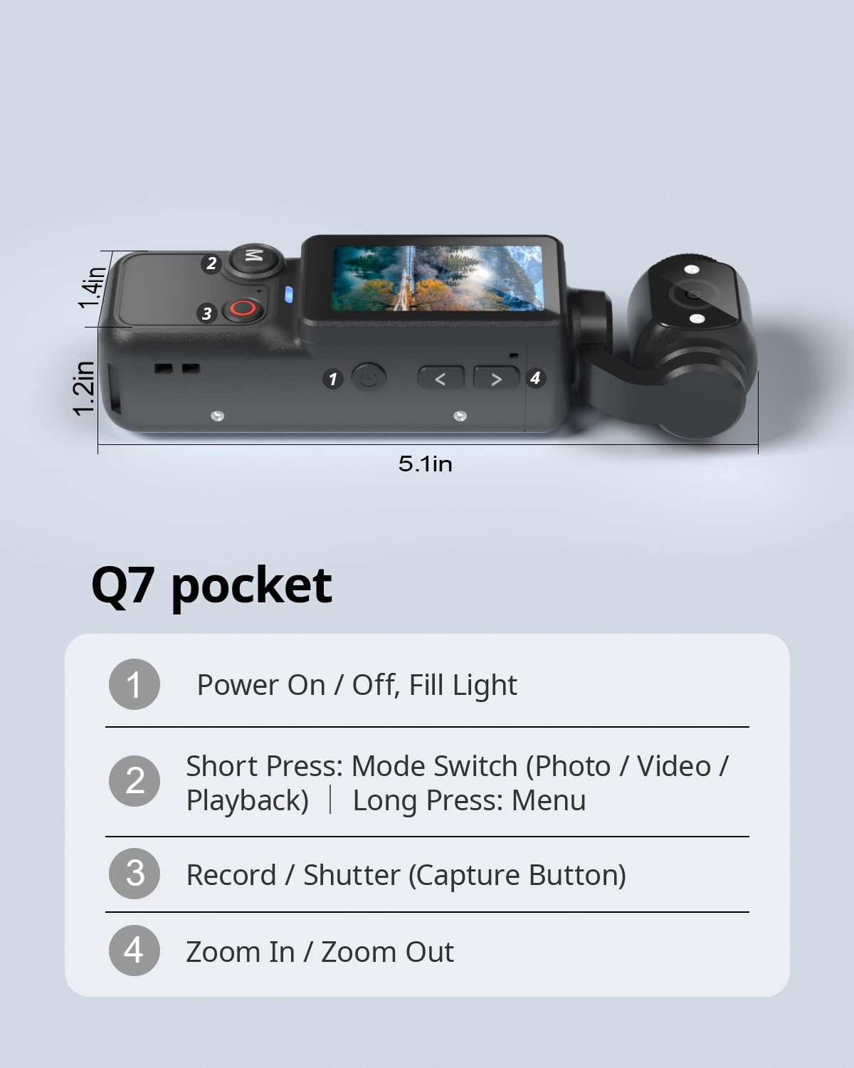 Eine schwarze Q7 Pocket Gimbal-Kamera mit Knöpfen und Bildschirm. Maße angezeigt.