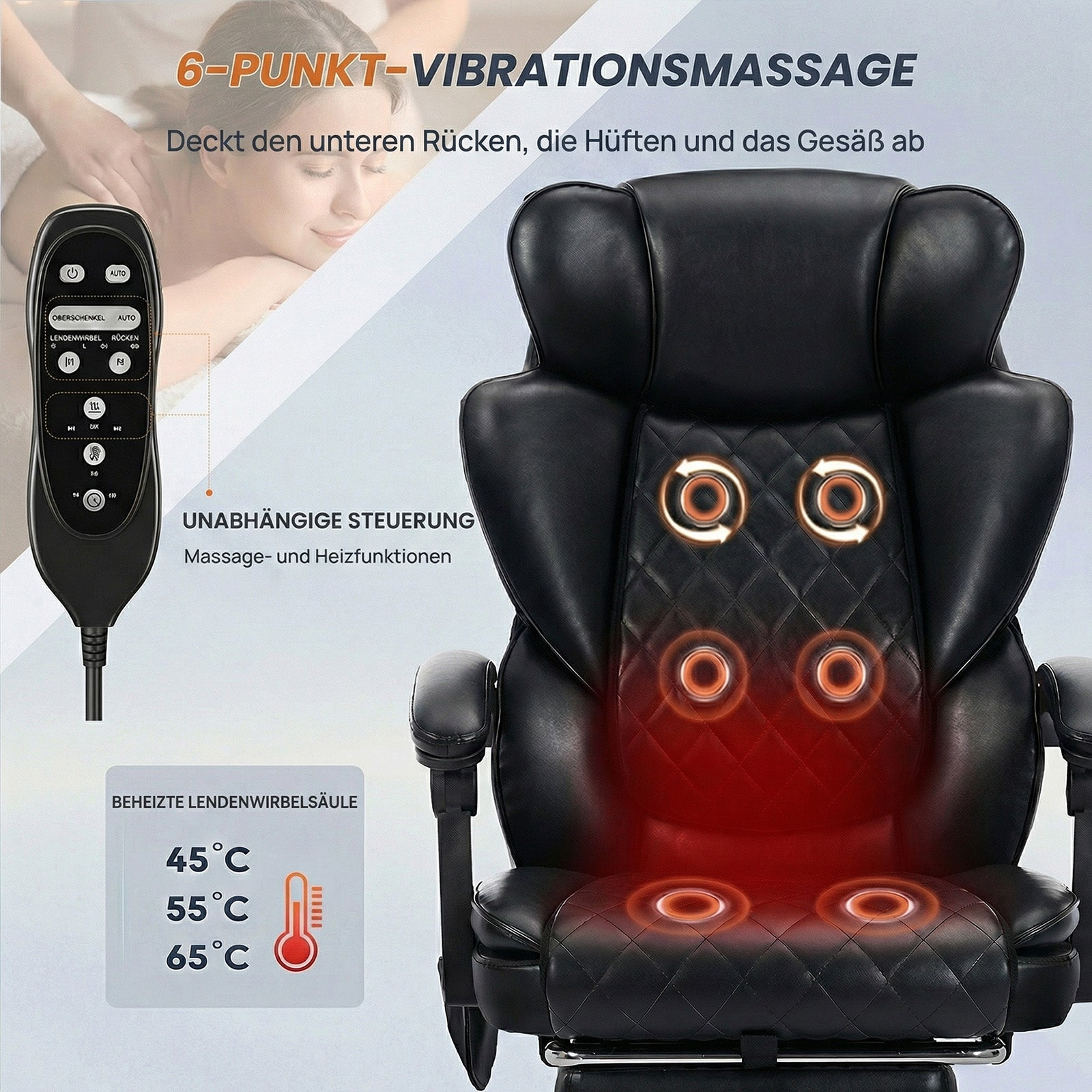 Schwarzer Massagesessel mit Fernbedienung und Heizfunktion, zeigt 45-65°C.