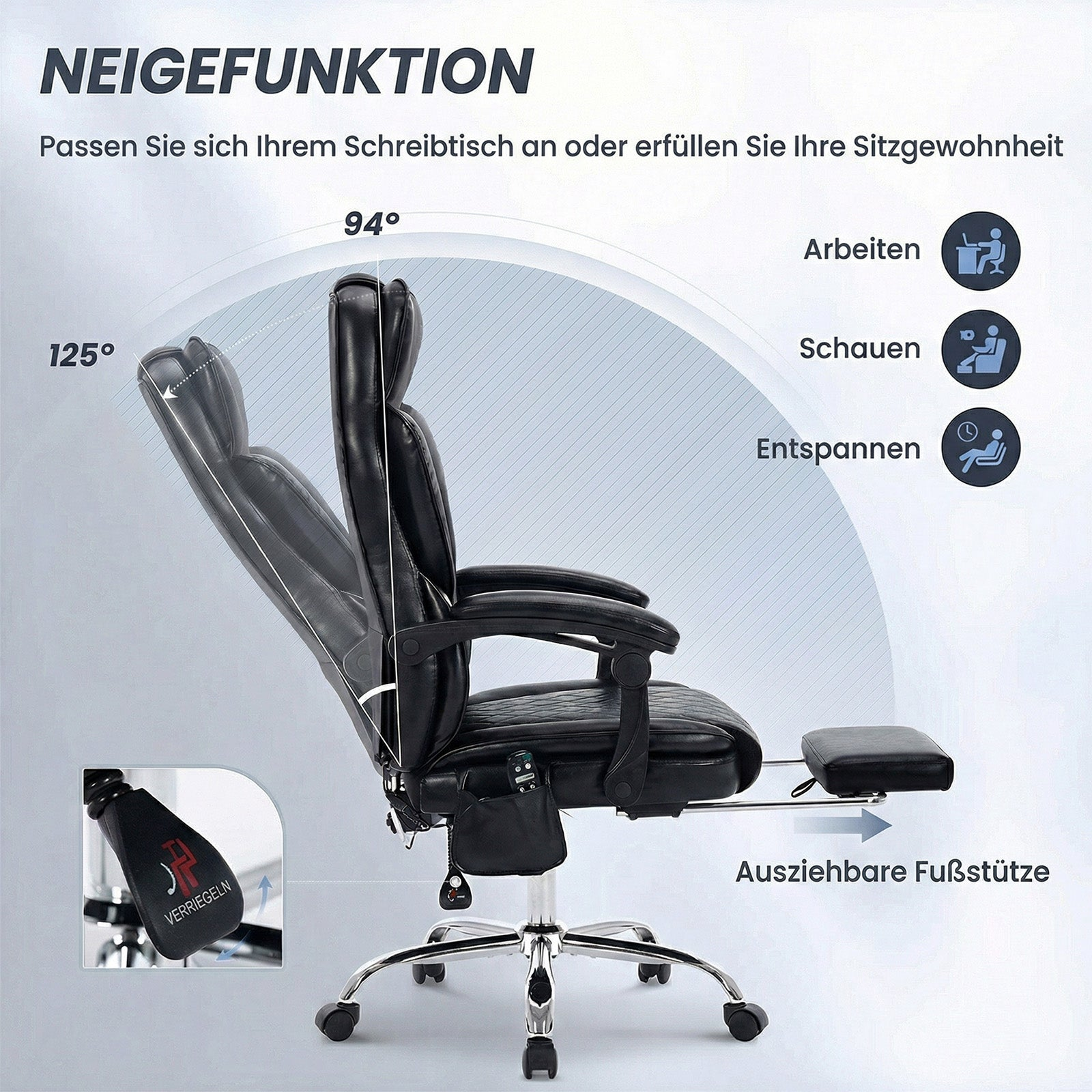 Schwarzer Bürostuhl mit ausziehbarer Fußstütze, verstellbar von 94° bis 125°.