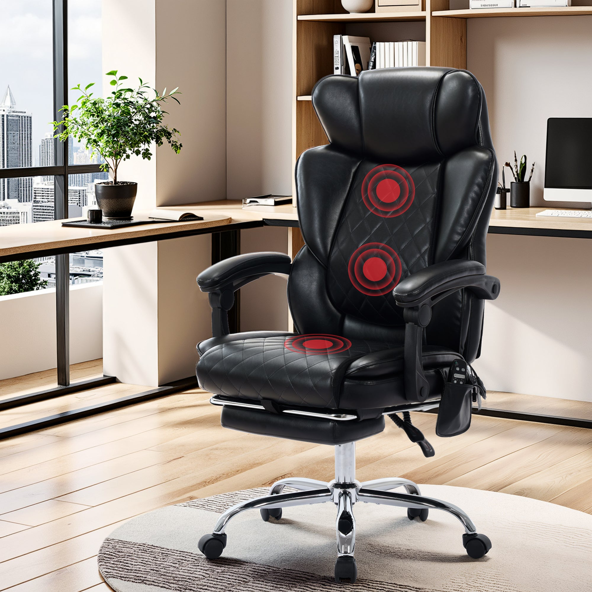 Schwarzer Massagestuhl mit roten Hitzezonen in einem modernen Büro mit Stadtblick.