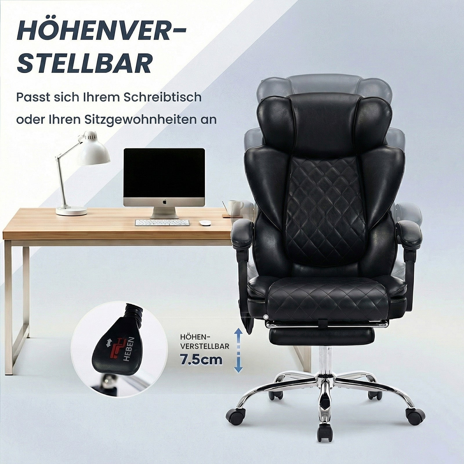 Schwarzer Bürostuhl mit verstellbarer Höhe, neben einem Schreibtisch mit Computer.