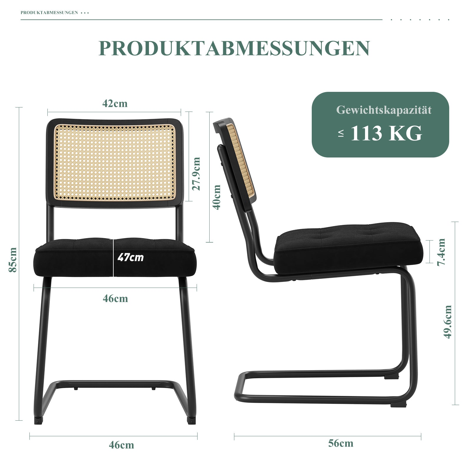 Ein Stuhl mit schwarzen Metallbeinen, schwarzem Sitz und Rattan-Rückenlehne, Maße sind angegeben.