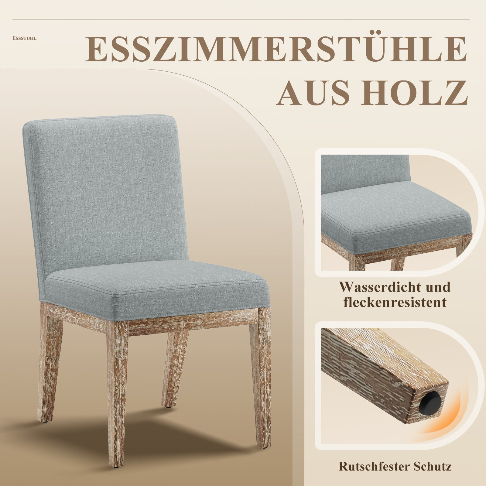 Ein grauer Esszimmerstuhl mit Holzbeinen.