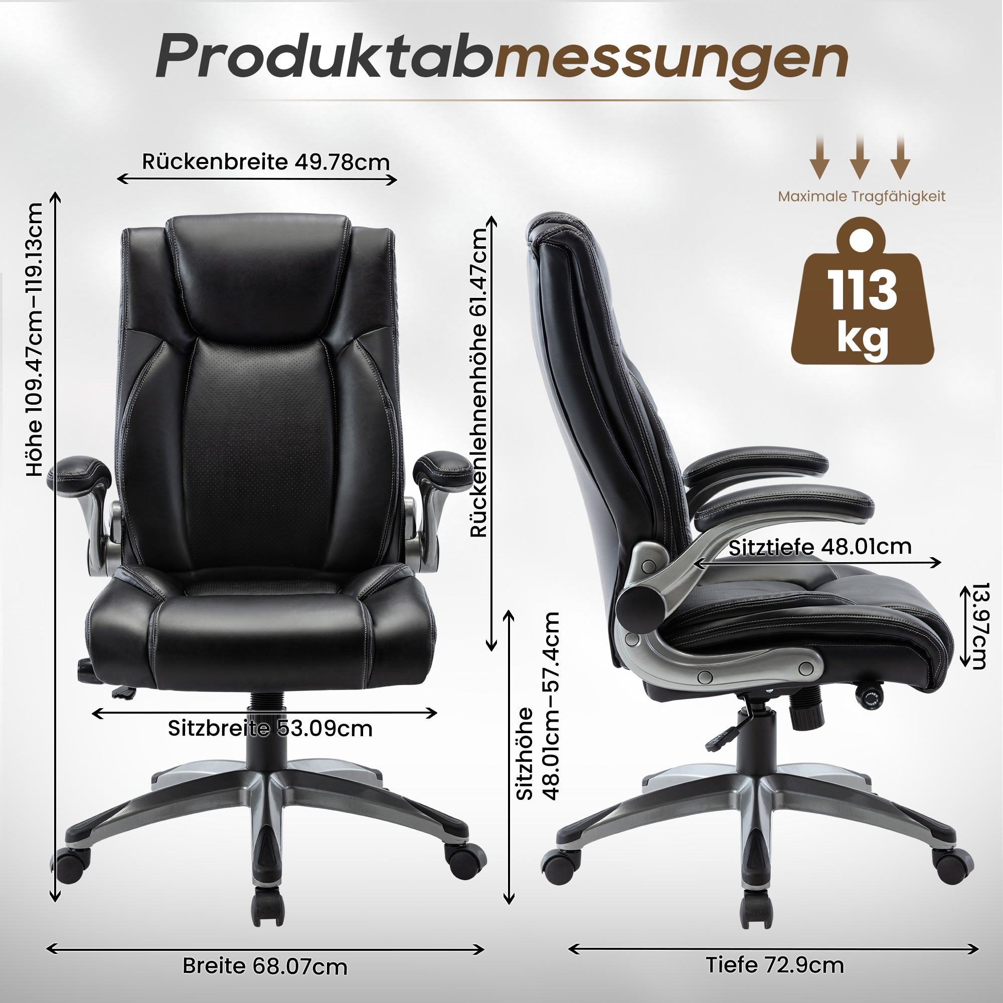 Ein schwarzer Bürostuhl mit Maßen und maximaler Tragfähigkeit von 113 kg.