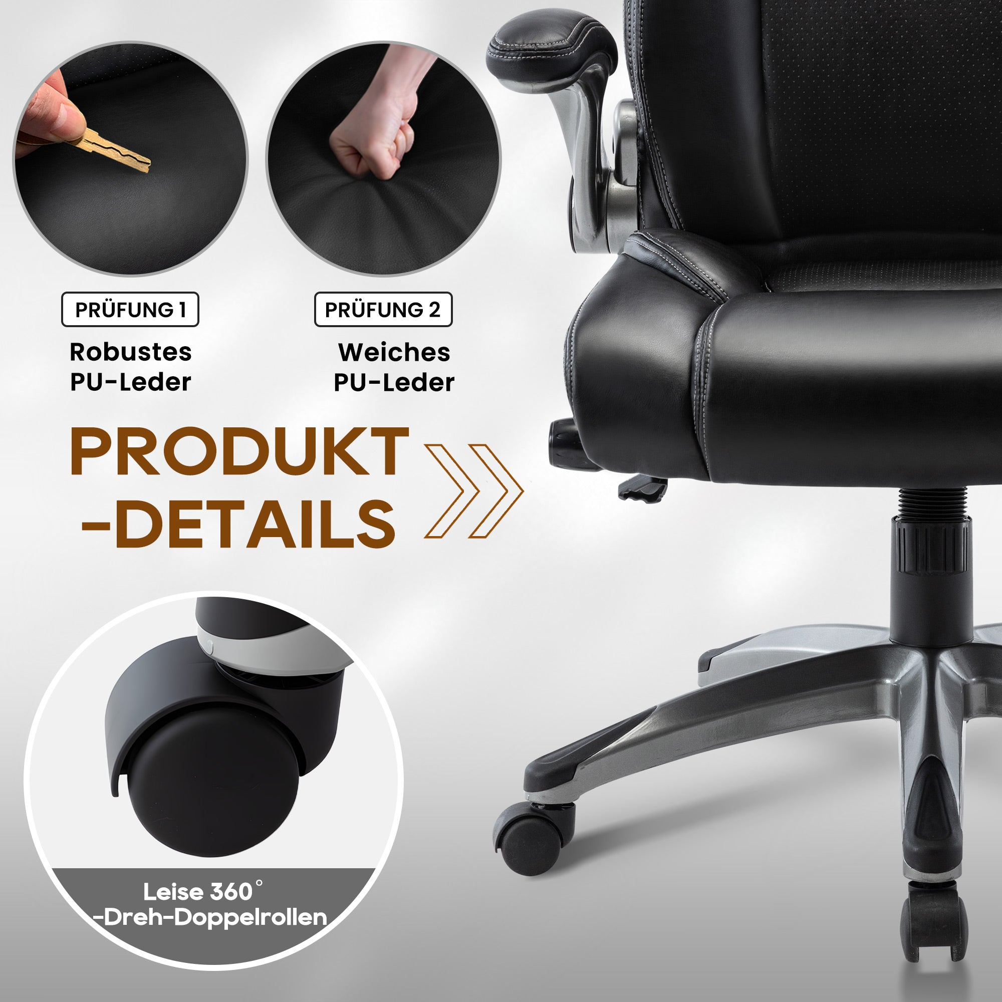 Produkt-Details: Robuster und weicher PU-Leder-Stuhl mit 360°-Doppelrollen.