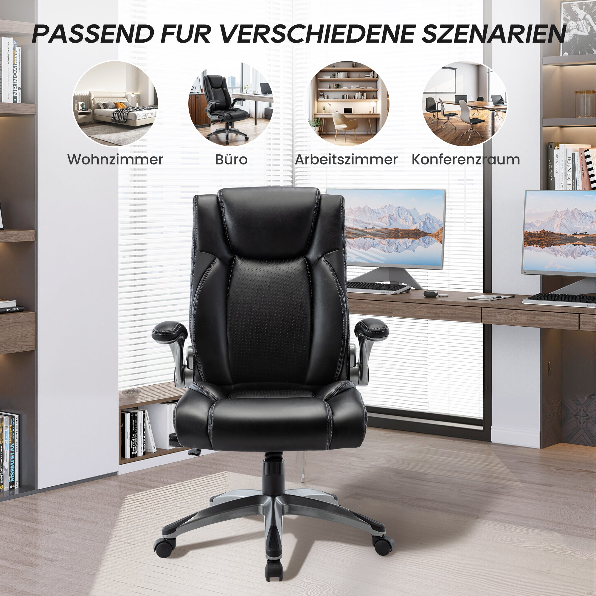 Schwarzer Bürostuhl vor einem Schreibtisch mit zwei Monitoren. Mehrere Szenarien werden gezeigt.