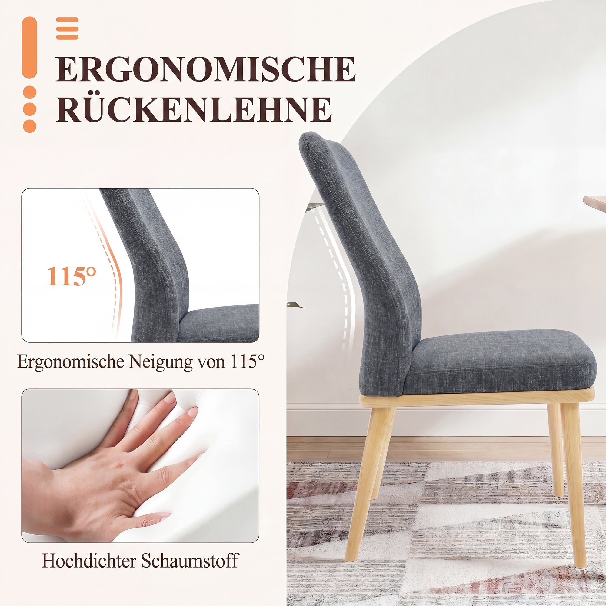 Grauer Stuhl mit ergonomischer Rückenlehne und 115 Grad Neigung.
