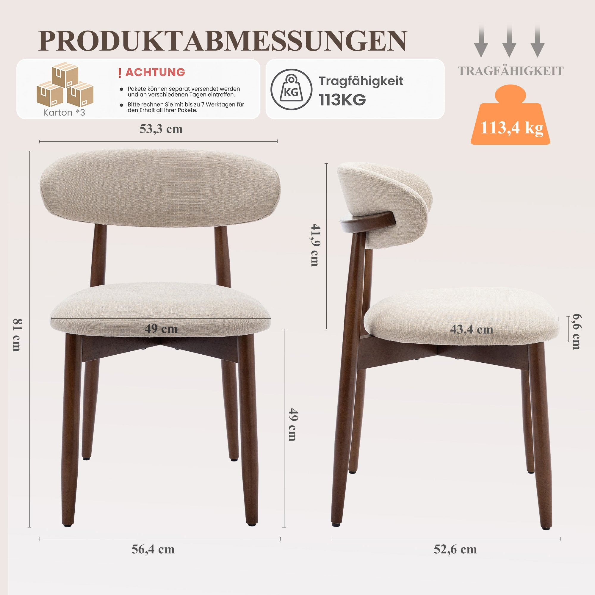 Zwei Stühle mit Maßen: 81cm hoch, 53,3cm breit, 56,4cm tief. Tragfähigkeit 113kg.