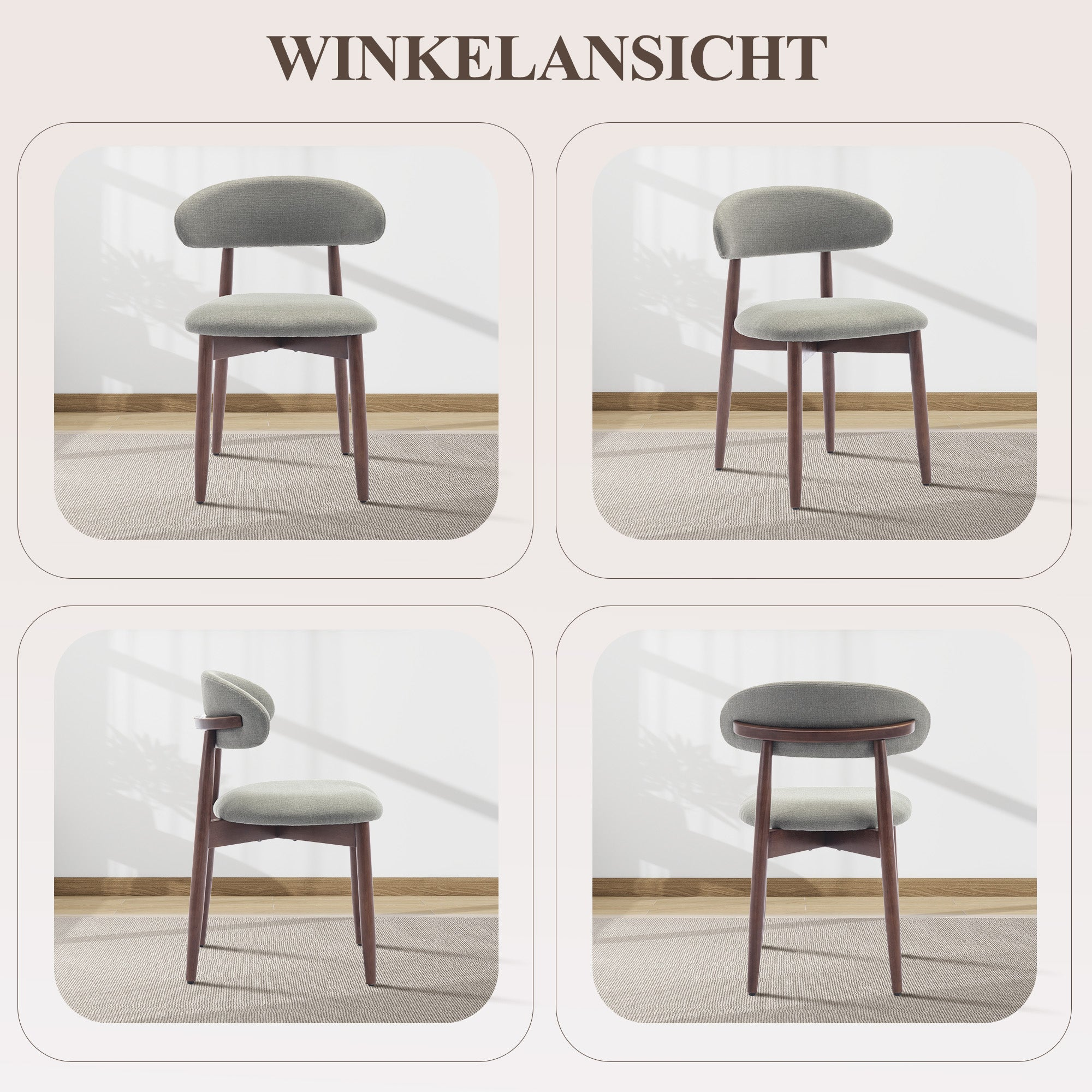 Ein grauer Stoffstuhl mit Holzbeinen steht auf einem Teppich.