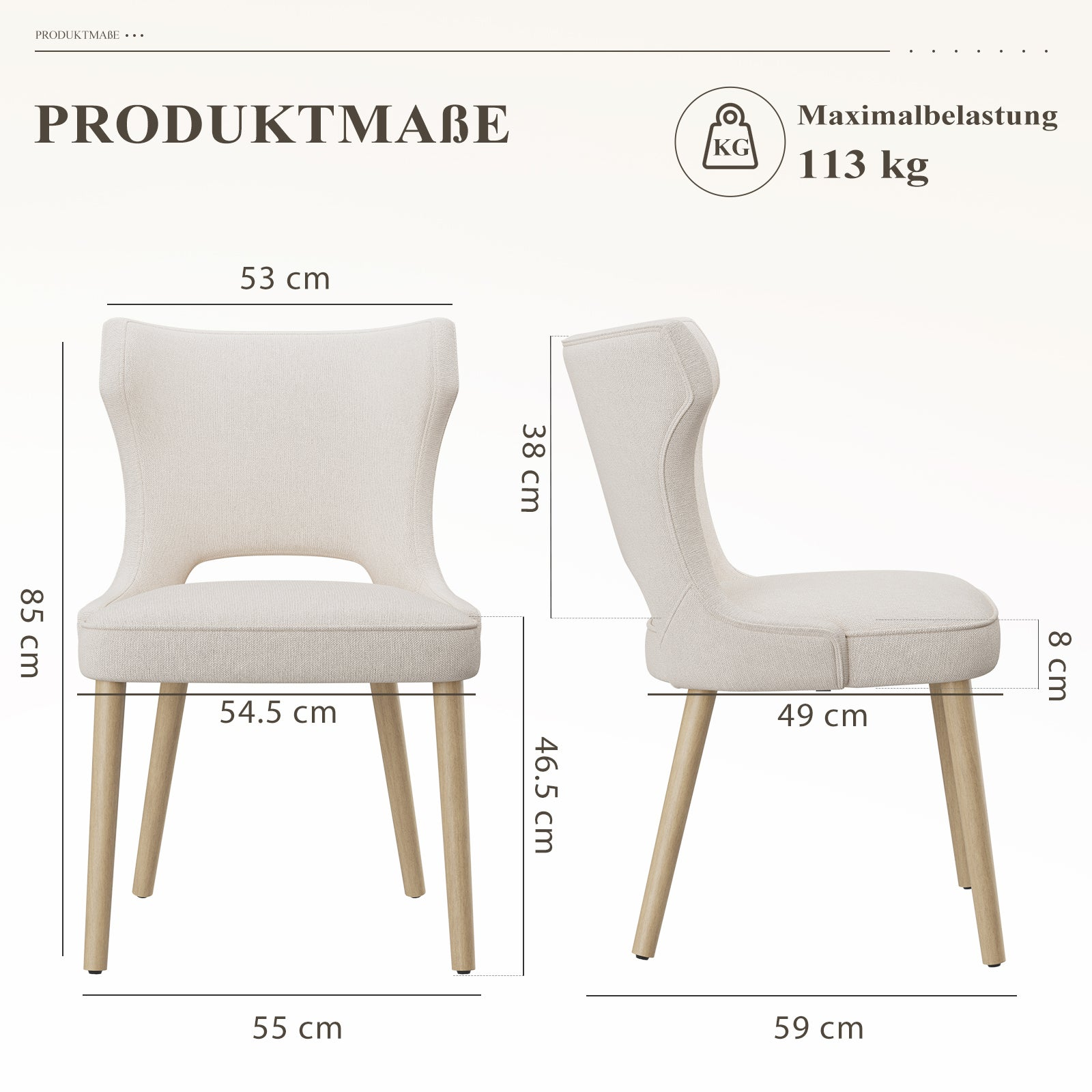Ein heller Stuhl mit Maßen wird von vorne und von der Seite gezeigt.