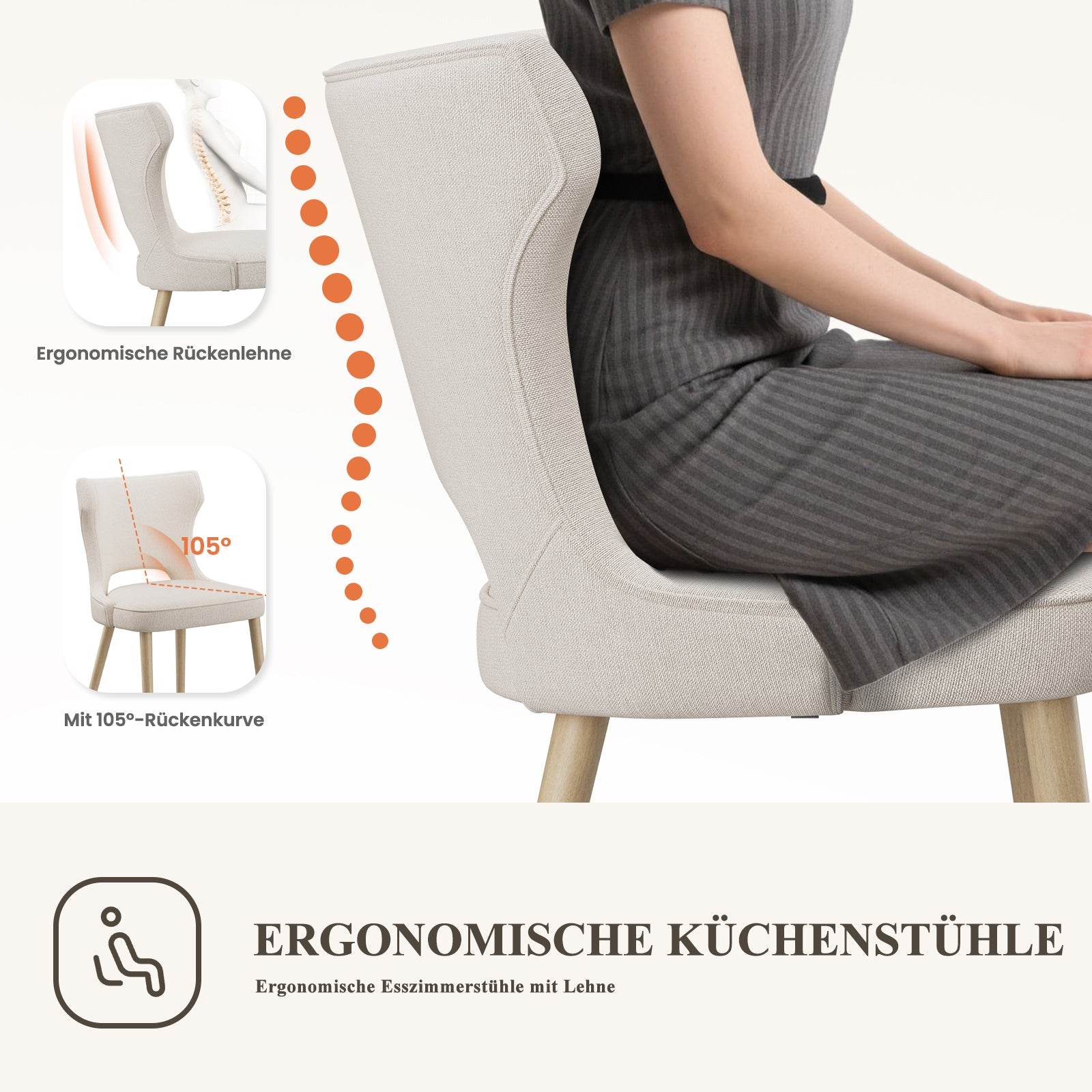 Ergonomischer Stuhl mit 105° Rückenkurve und einer Person im grauen Kleid.