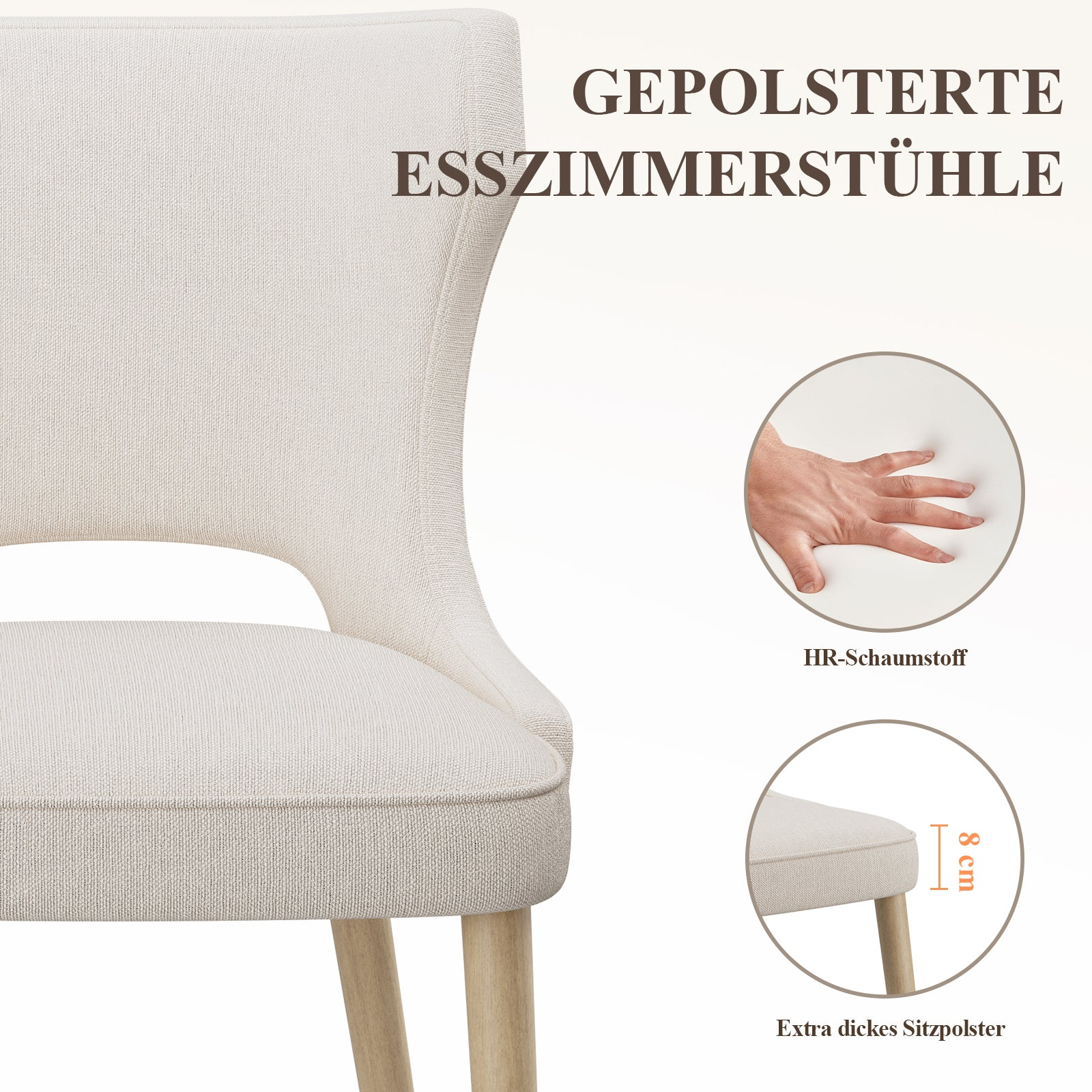 Gepolsterter Esszimmerstuhl mit hellbeiger Textilbespannung und Holzbeinen.
