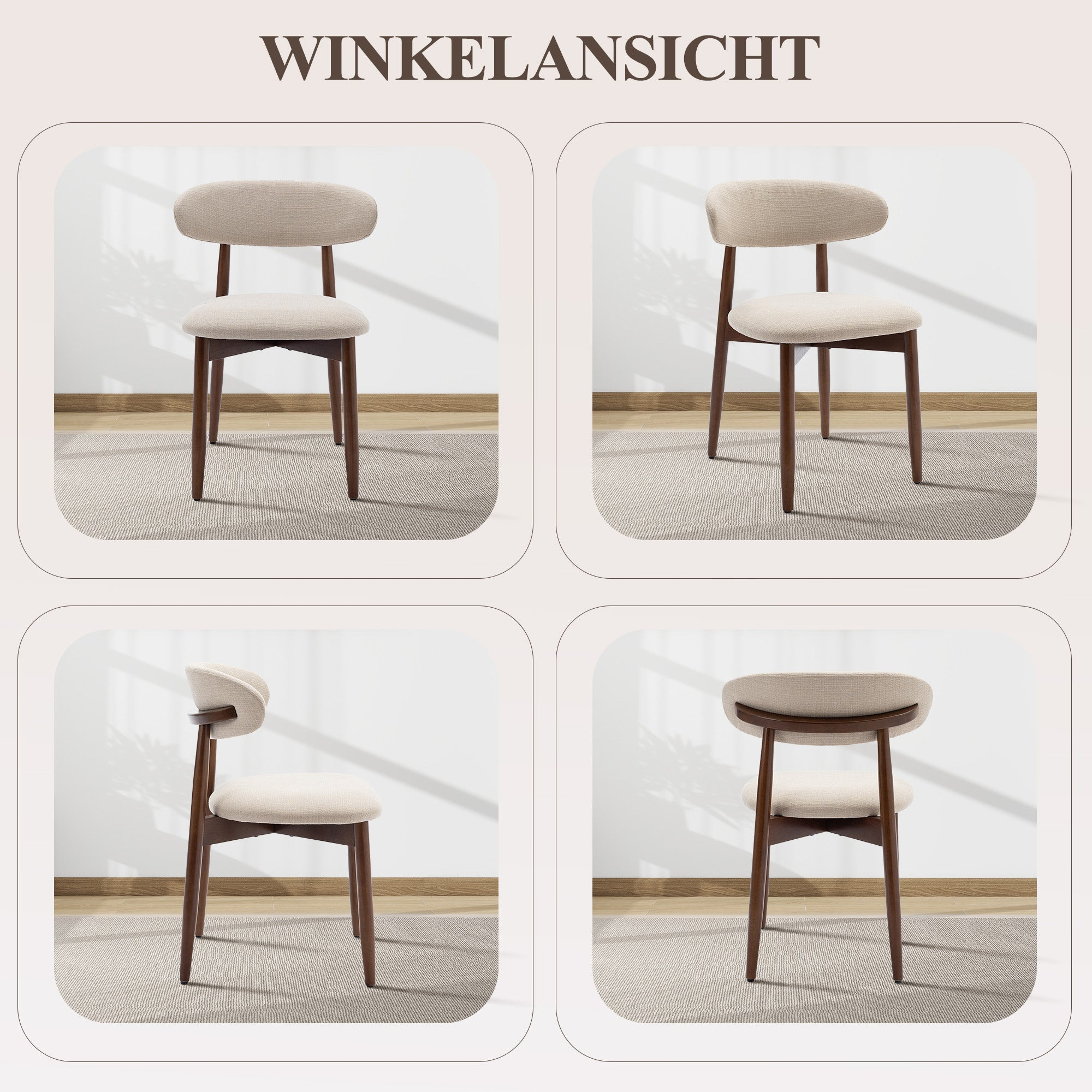 Ein beiger Stuhl mit Holzrahmen steht auf einem Teppich.