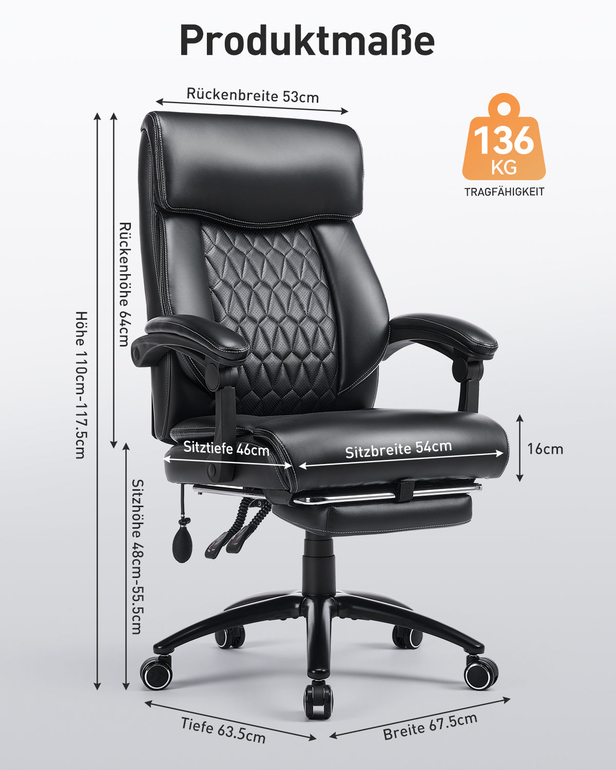 Schwarzer Bürostuhl mit Maßen: Rückenbreite 53cm, Höhe 110-117.5cm, Sitztiefe 46cm, Sitzbreite 54cm.