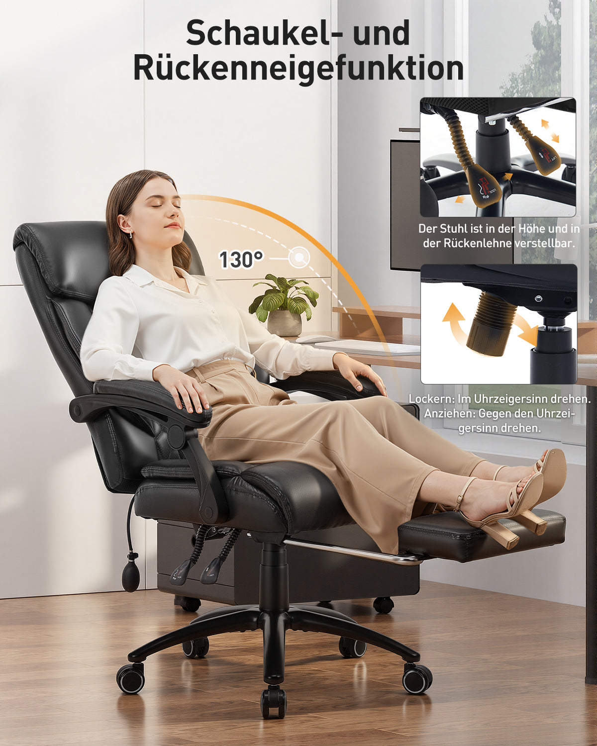 Frau entspannt in einem schwarzen Bürostuhl mit ausgefahrener Fußstütze, der bis zu 130° neigbar ist.