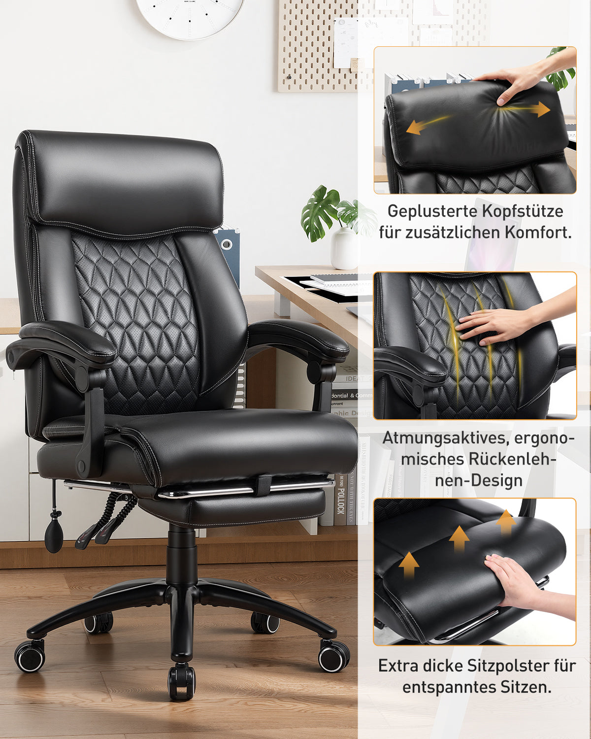 Schwarzer Bürostuhl mit Kopfstütze, Armlehnen und ausziehbarer Fußstütze.