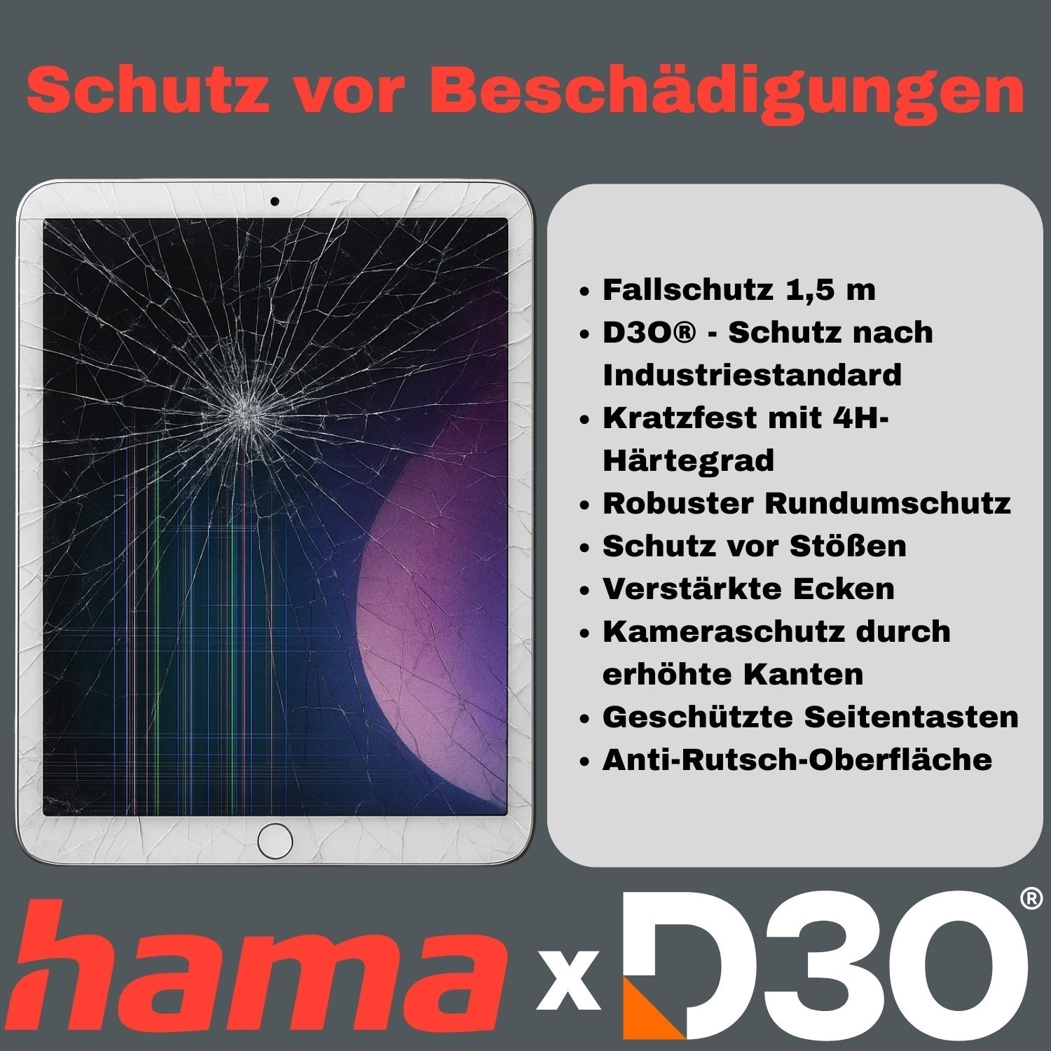 Tablet z pękniętym ekranem i funkcjami ochronnymi.